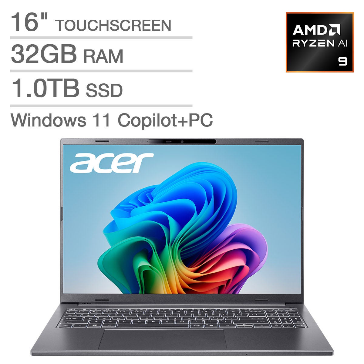 Acer Aspire 16" AI Copilot+ PC Touchscreen Laptop — AMD Ryzen AI 9 365 Processor — WUXGA (1920 x 1200) 120Hz Touchscreen — 32GB RAM — 1TB SSD — Windows 11 Home — Steel Gray.