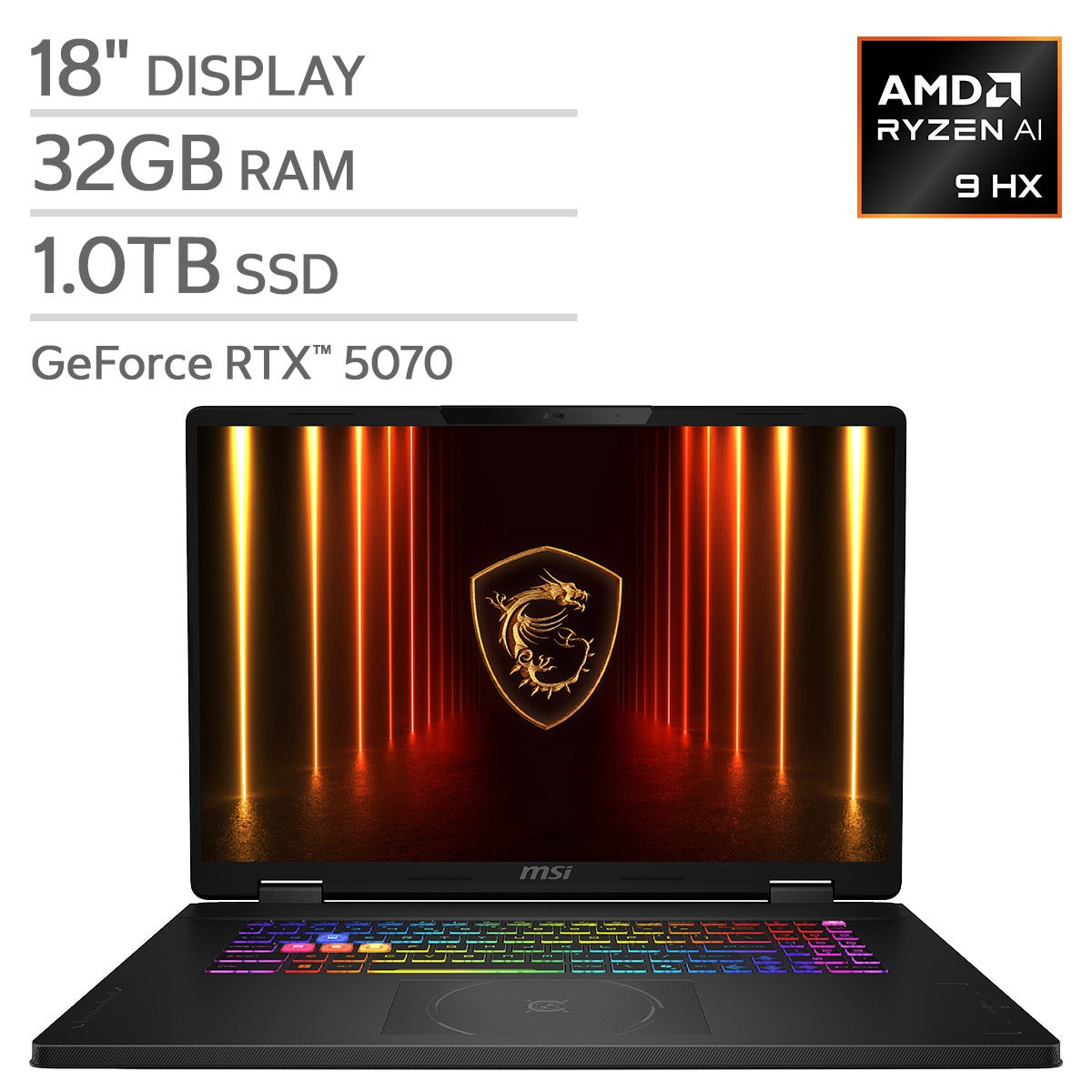 MSI Crosshair A18 HX 18" Gaming Laptop - AMD Ryzen 9 8940HX - NVIDIA RTX 5070 - 2560x1600 - 32GB RAM - 1TB SSD - Windows 11.
