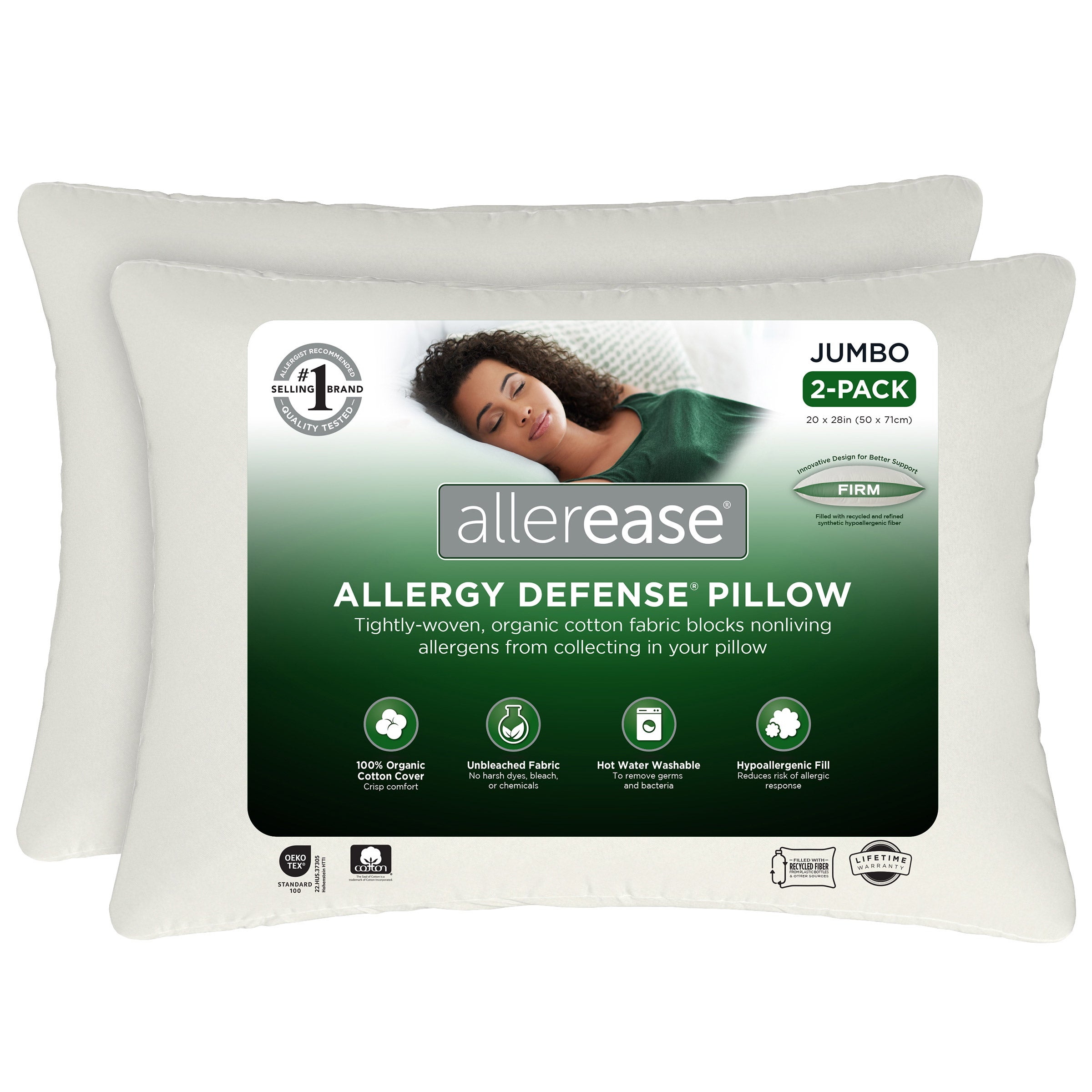 AllerEase Organic Cotton Top Allergy Protection Pillow, 2-pack
