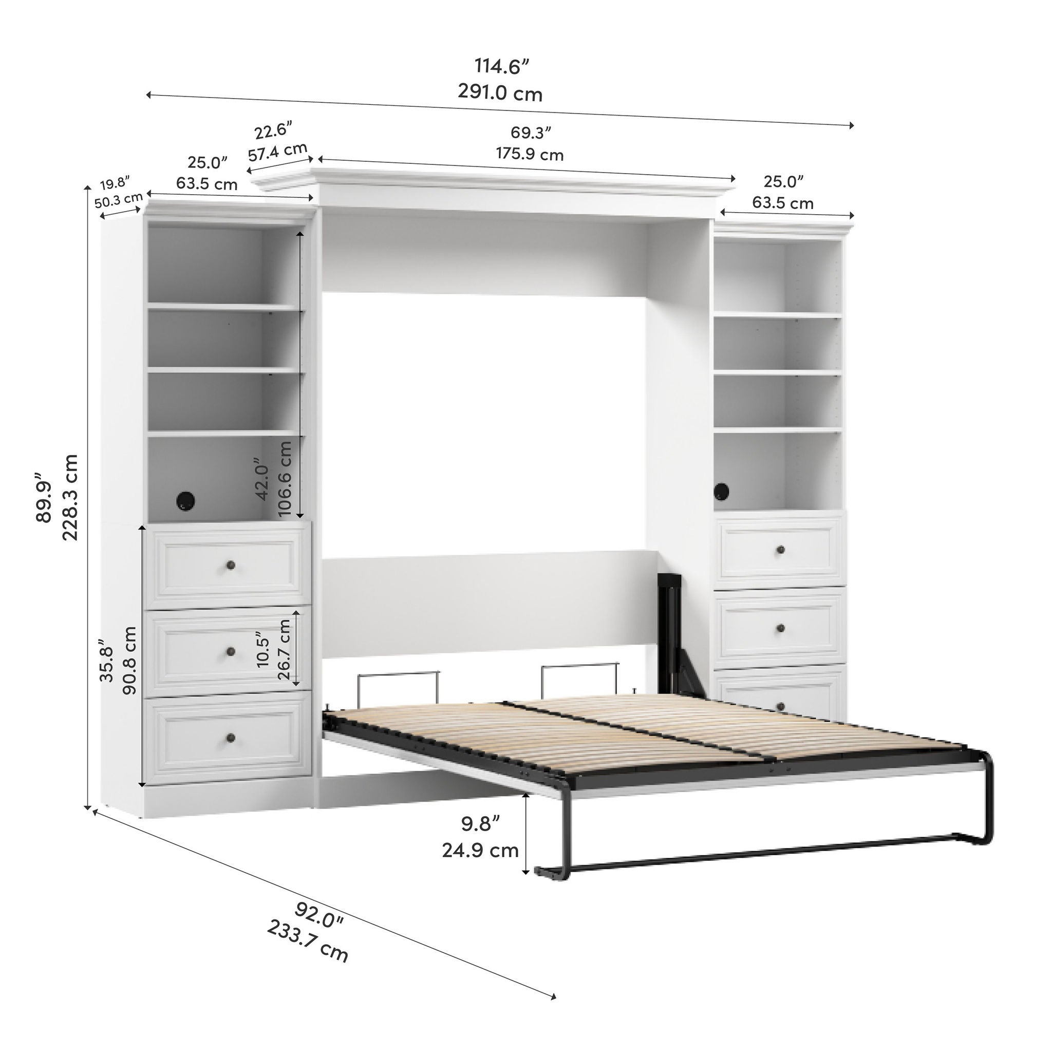 Bestar Audrea Queen Wall Bed in White with two 25" Storage Units with Drawers