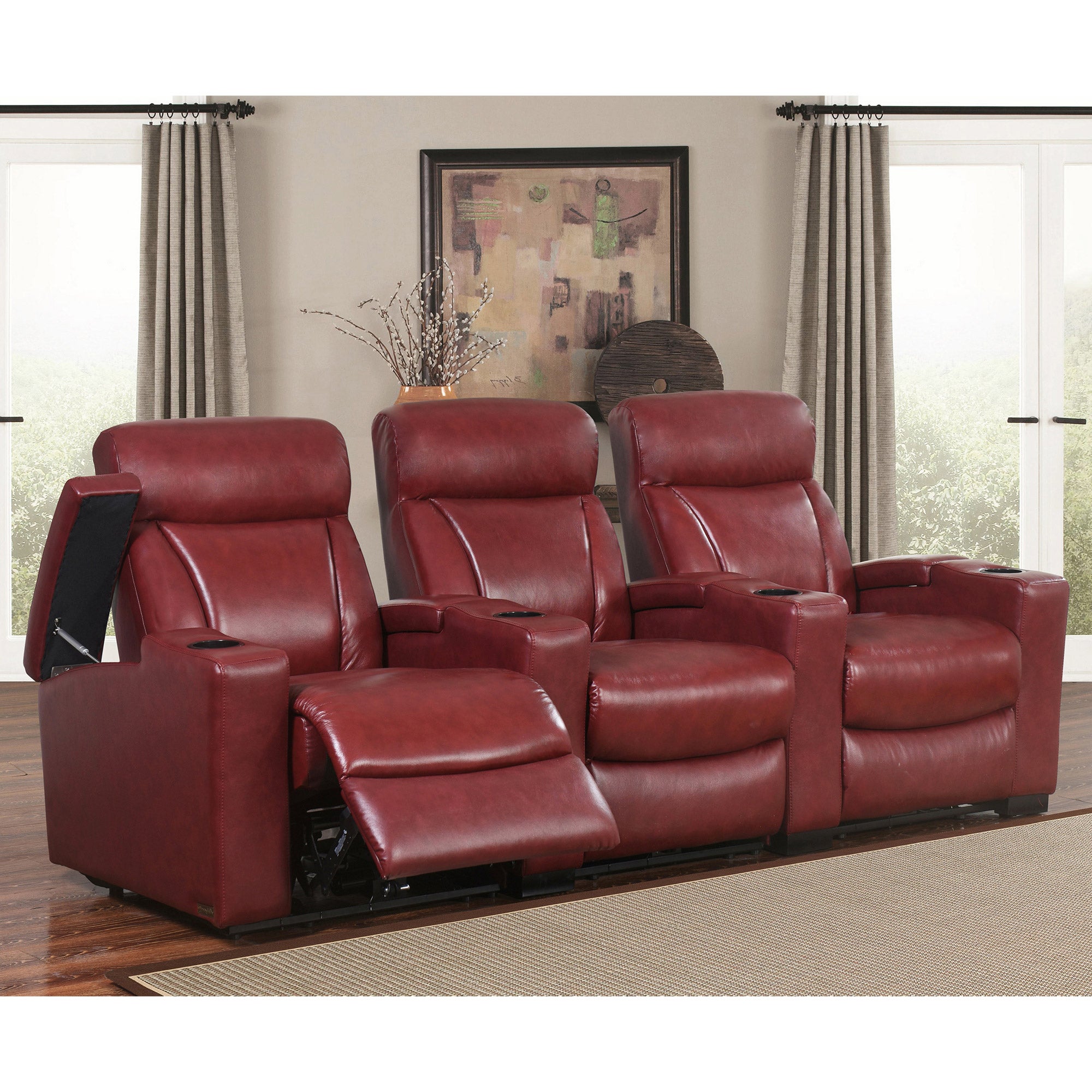 Romano 3-piece Top Grain Leather Power Media Recliners Living Room Set, Red