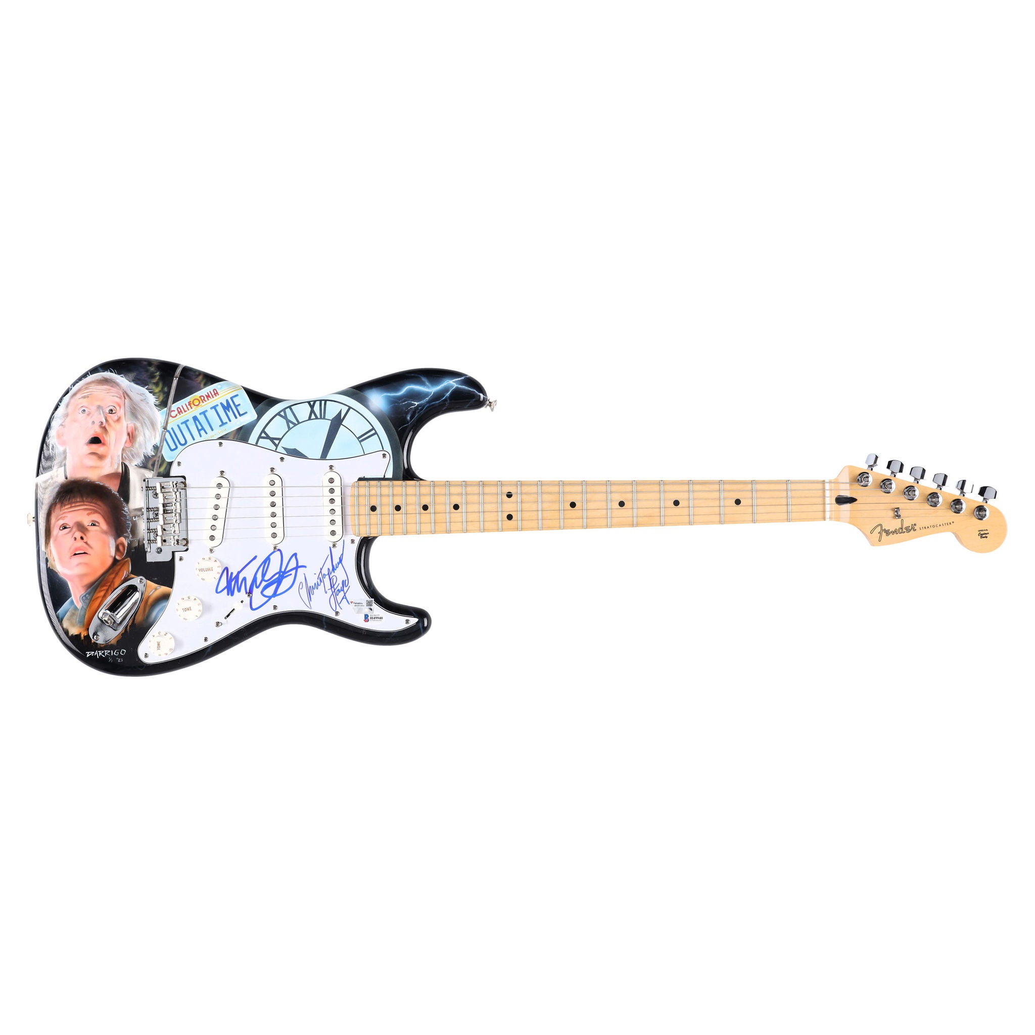 Michael J. Fox and Christopher Lloyd Back to the Future Autographed Fender Stratocaster Guitar - Art by David Arrigo - #1 of Limited Edition 1