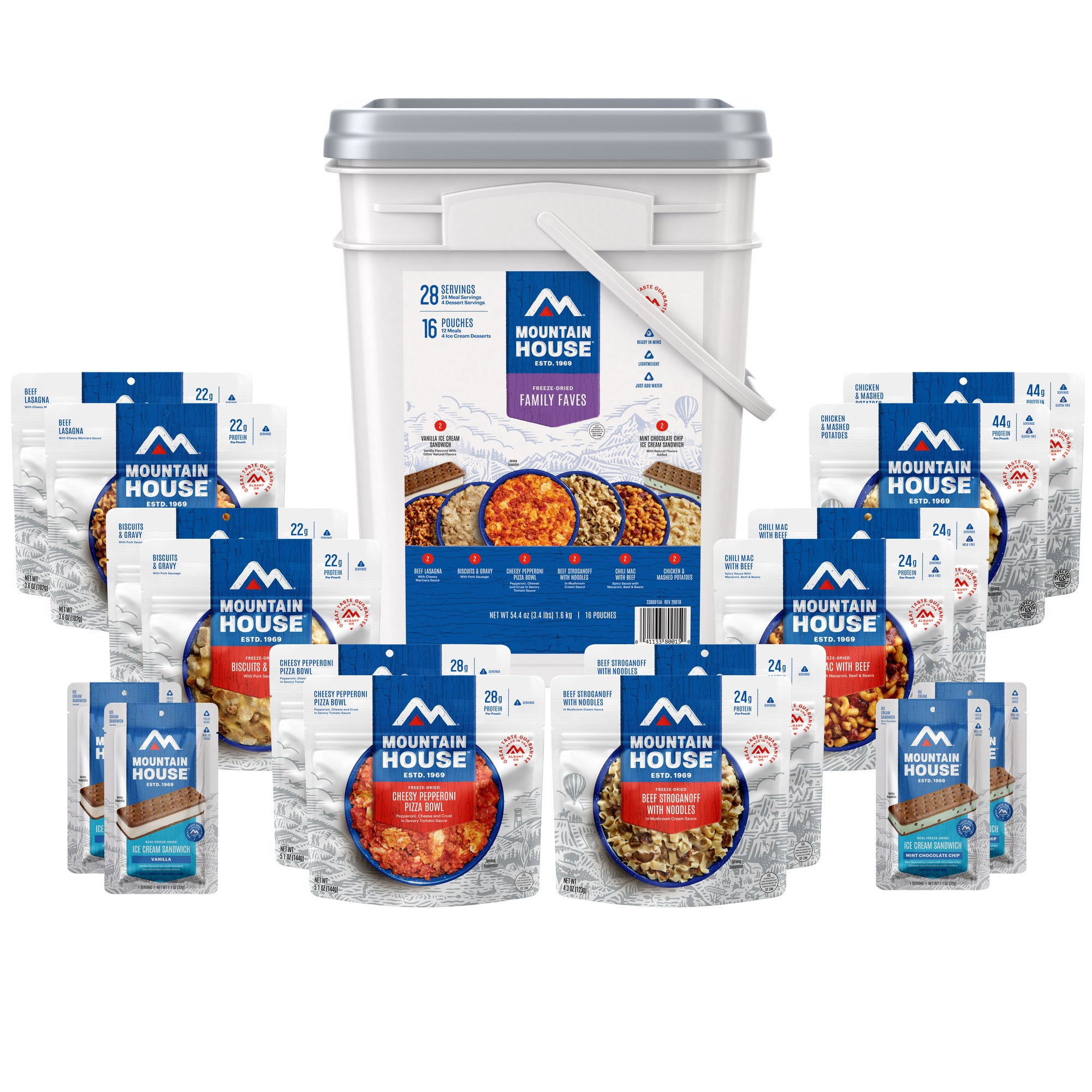 Mountain House Family Faves Emergency Food Bucket, 16 Pouches (28 Total Servings)