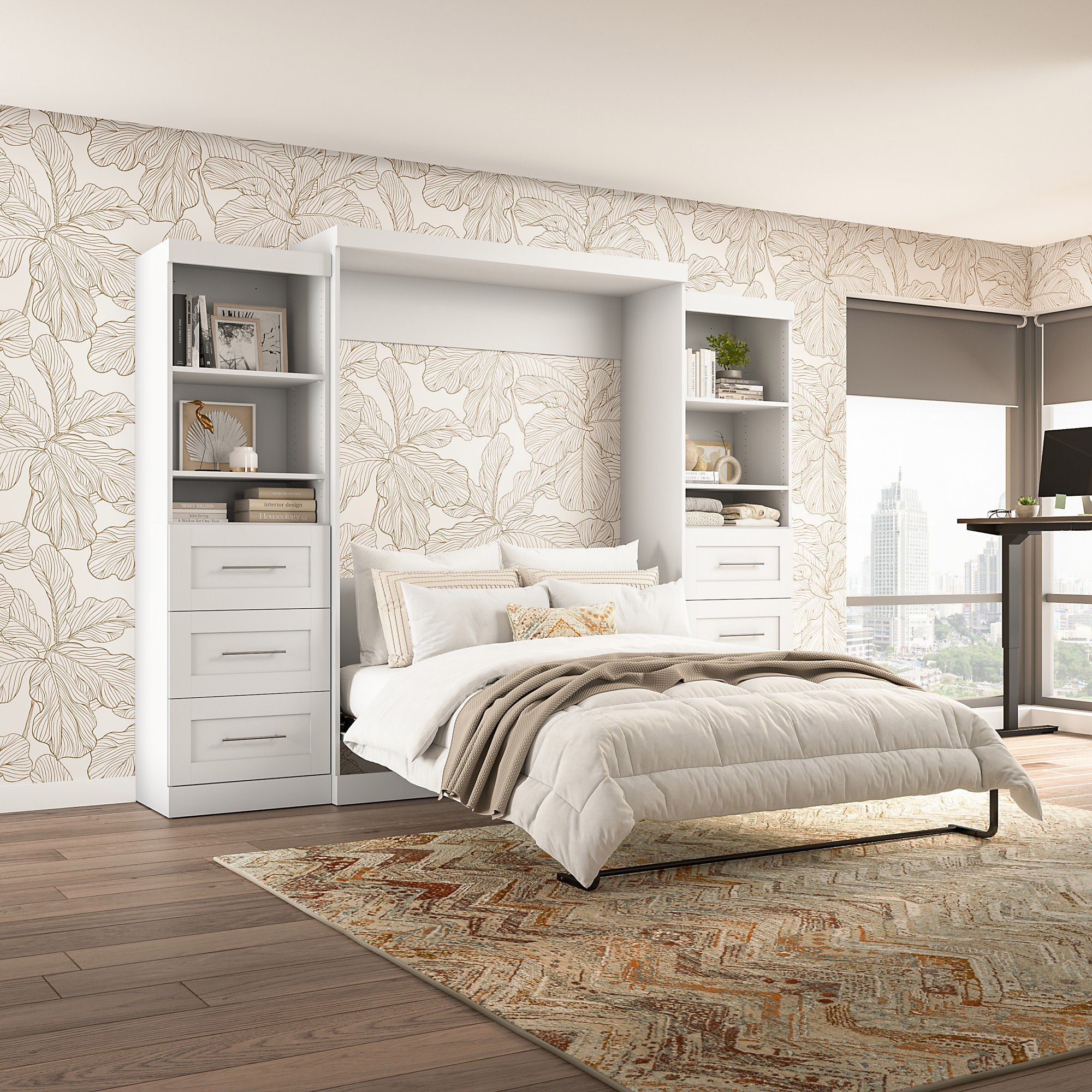 Boutique Queen Murphy Bed and 2 Shelving Units with Drawers