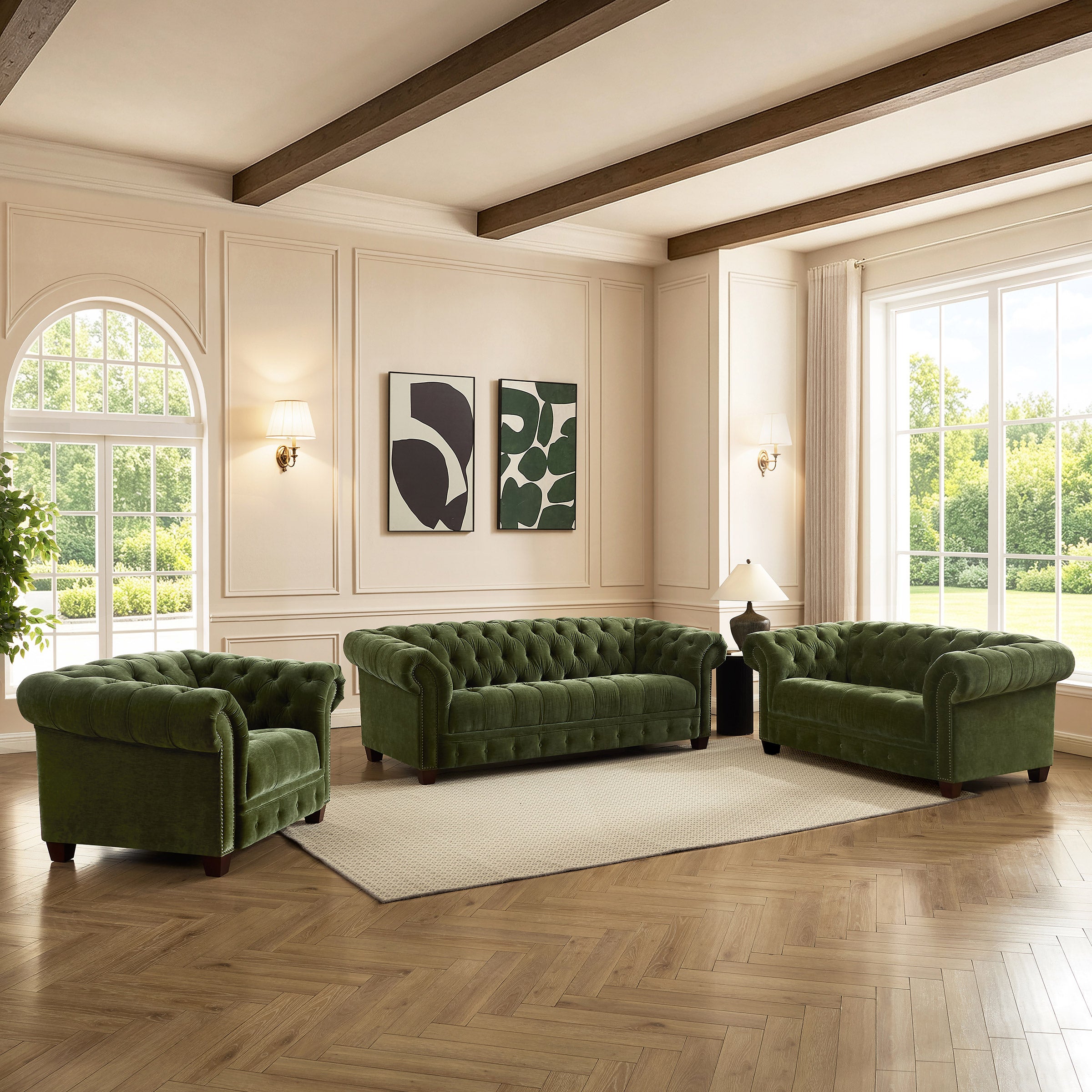Abbie Fabric Chesterfield Sofa, Chair and Loveseat, Green