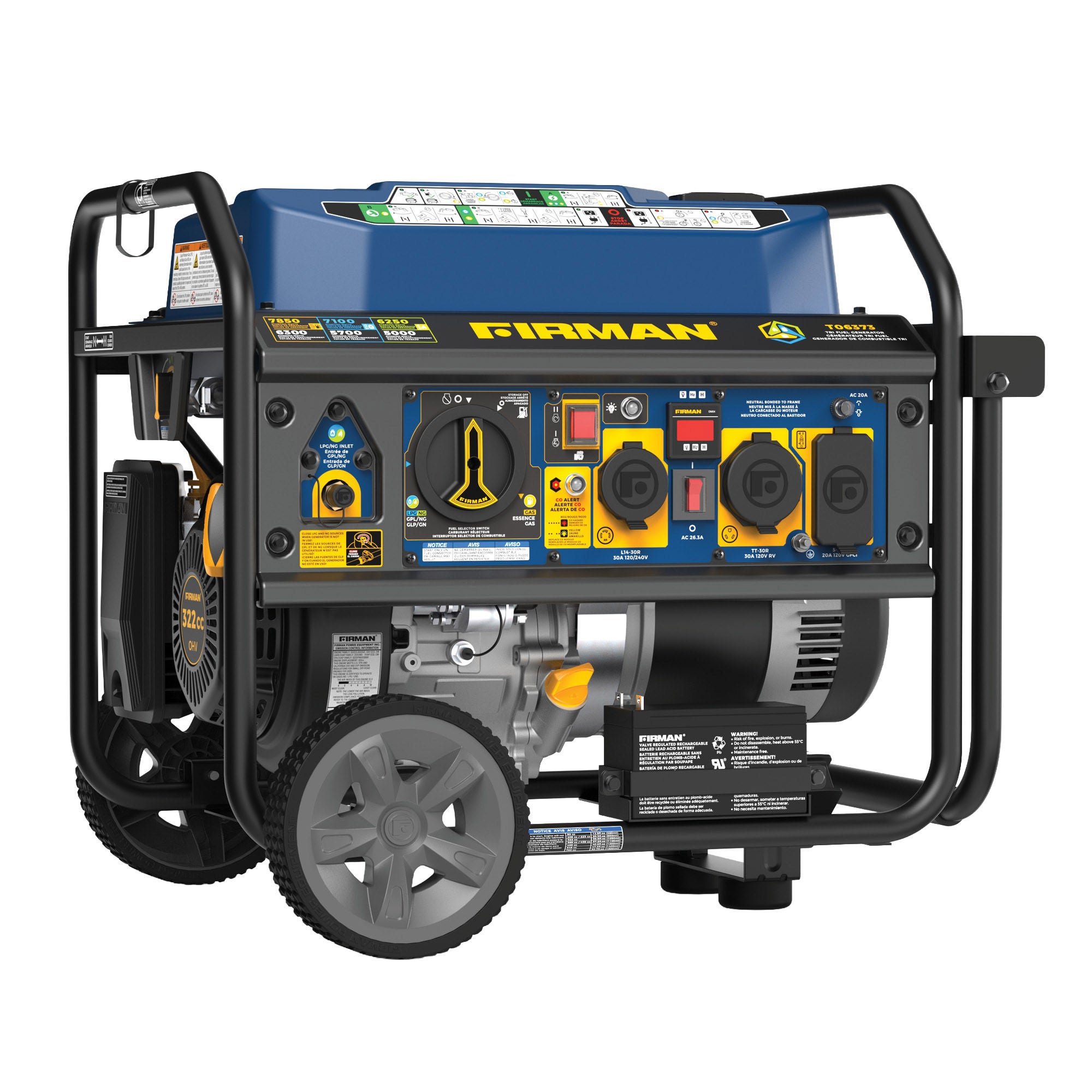 Firman Tri Fuel Portable Generator 7850/6300W Electric Start, Gas, CO Alert