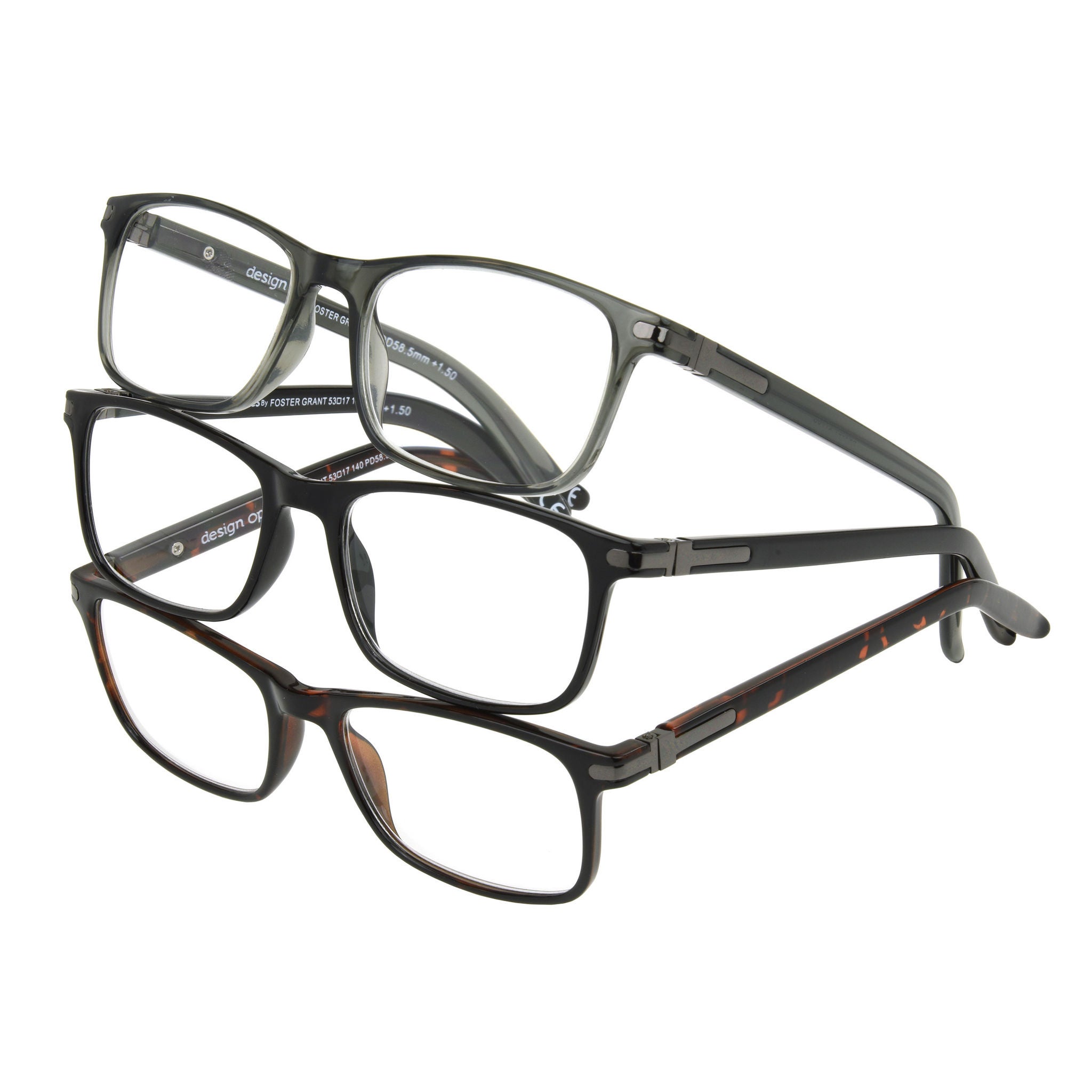 Design Optics by Foster Grant Cole Full Rim Rectangular Reading Glasses, 3-pack