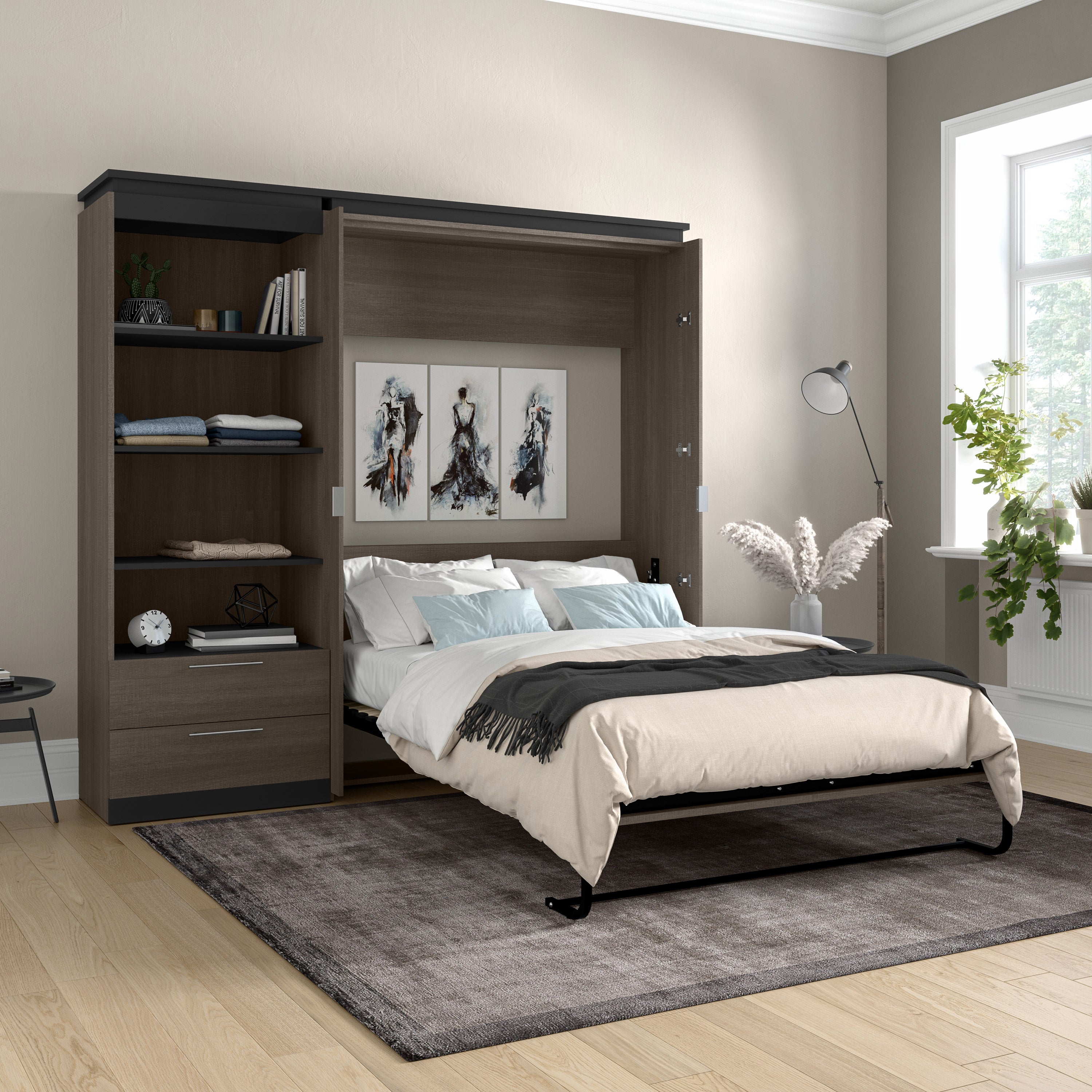 Orion Full Wall Bed with Shelving Unit with Drawers