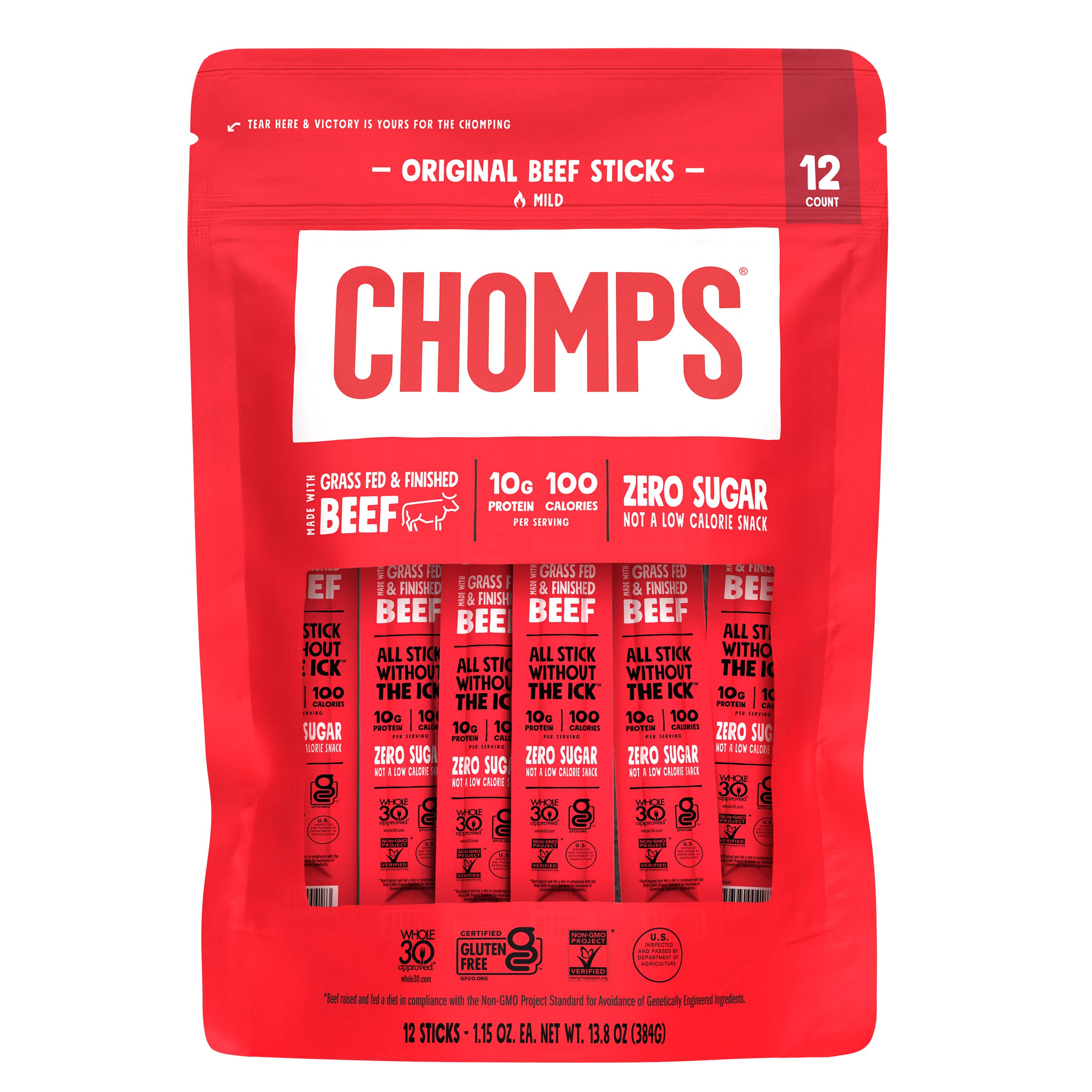Chomps Original Beef Sticks, Mild, 12 Individually Wrapped Sticks