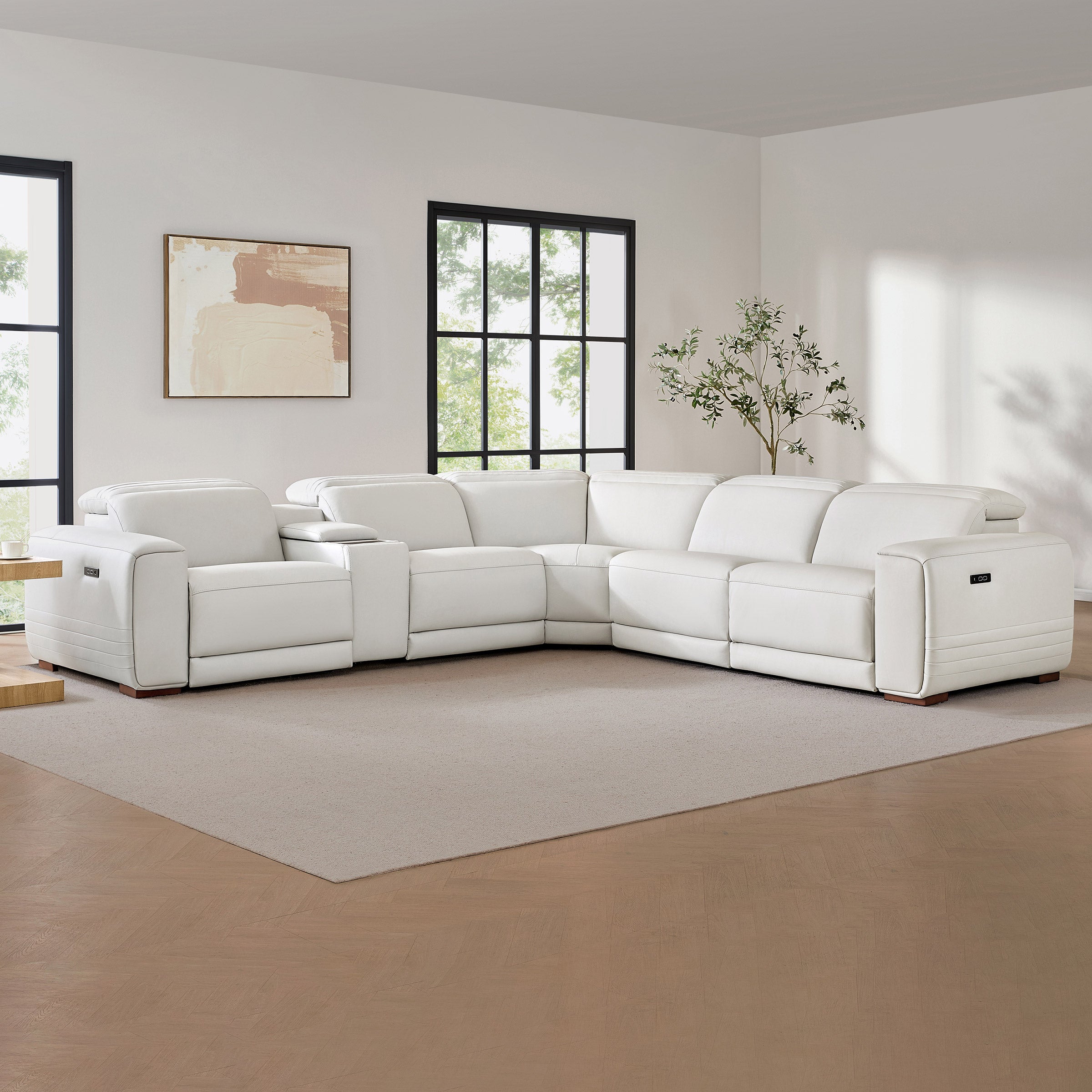 Karson Leather Power CloudZero Reclining Sectional with Power Headrests, Ivory