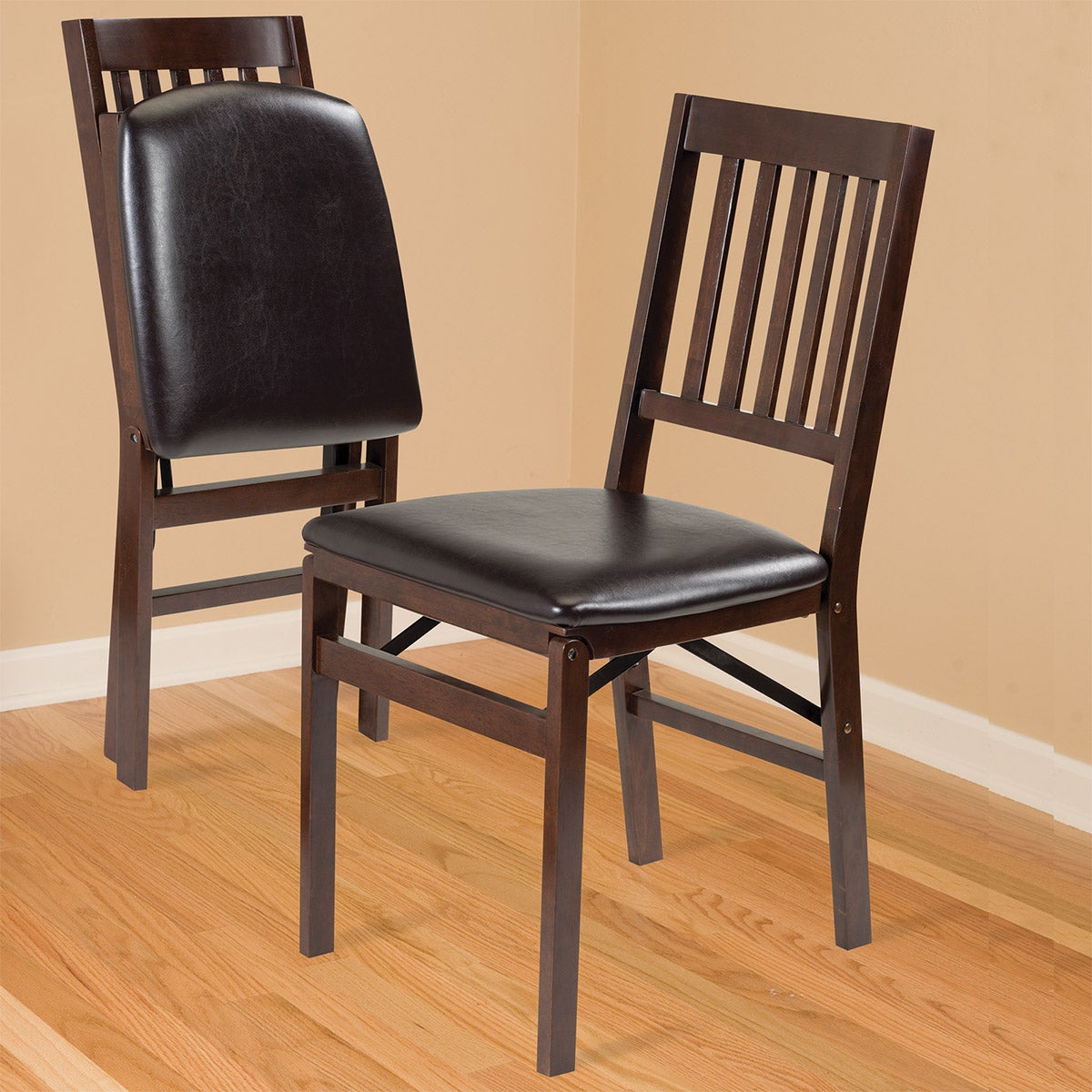 Stakmore Wood Folding Chair with Bonded Leather Seat, Espresso, 2-pack