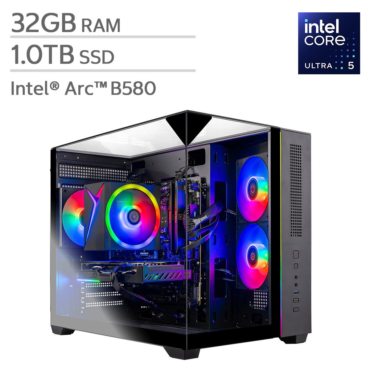 Skytech Crystal Gaming Desktop — Intel Core Ultra 5 225F — Intel Arc B580, 12GB GDDR6 — 32GB DDR5 RAM — 1TB SSD — Windows 11 Home