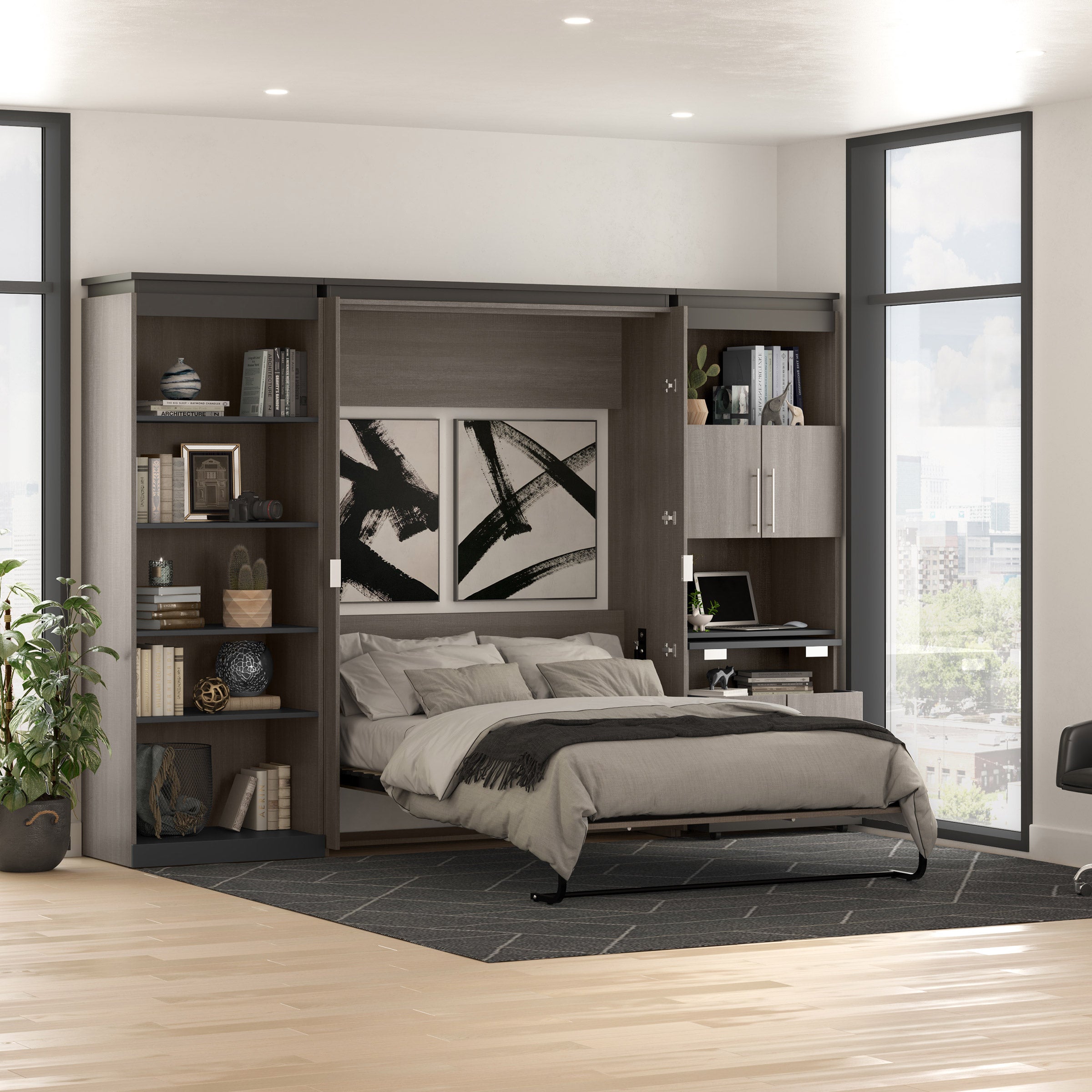 Orion Full Wall Bed with Shelving and Fold-Out Desk