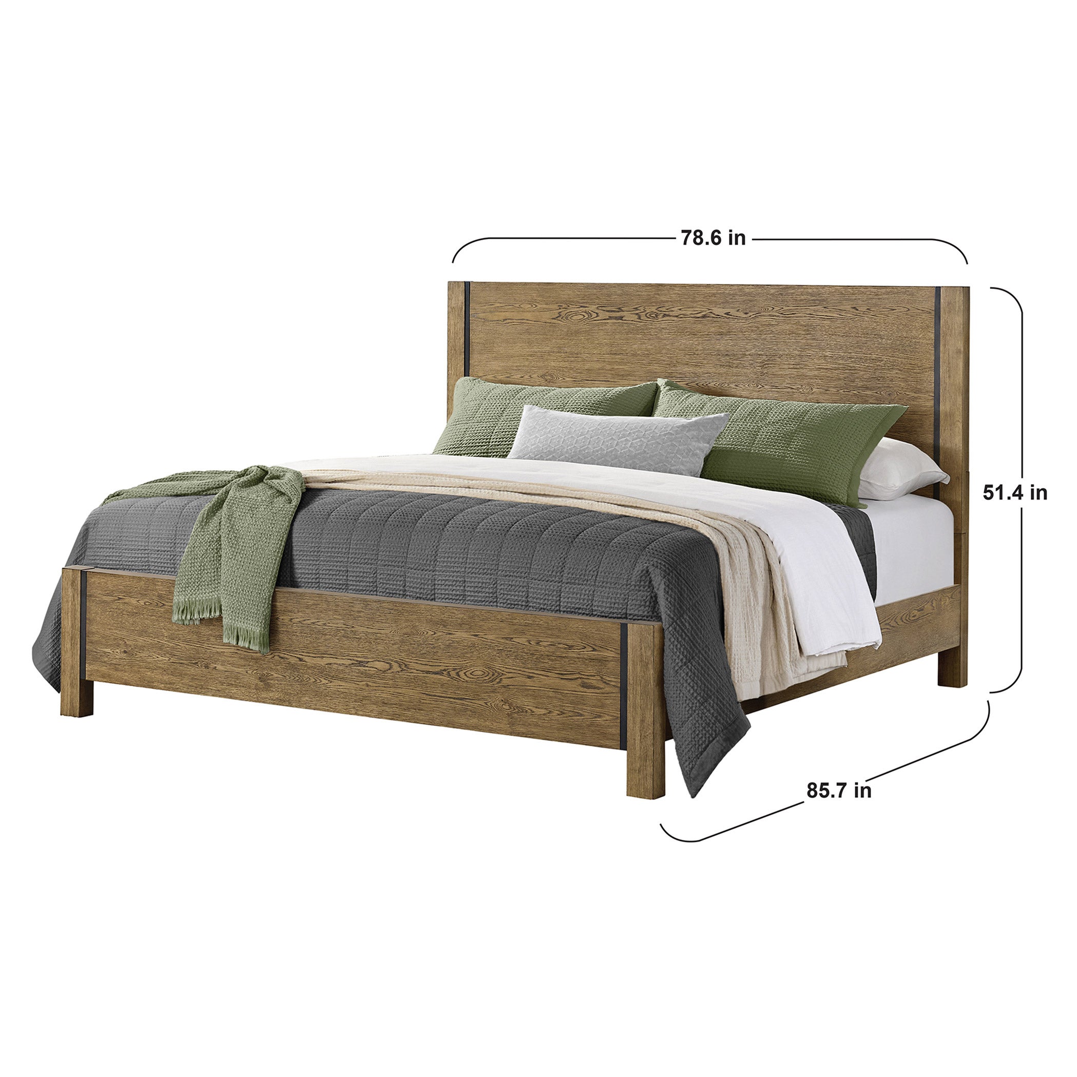 Baylor Panel Bed Frame with Black Metal Accents, Rustic Oak Finish