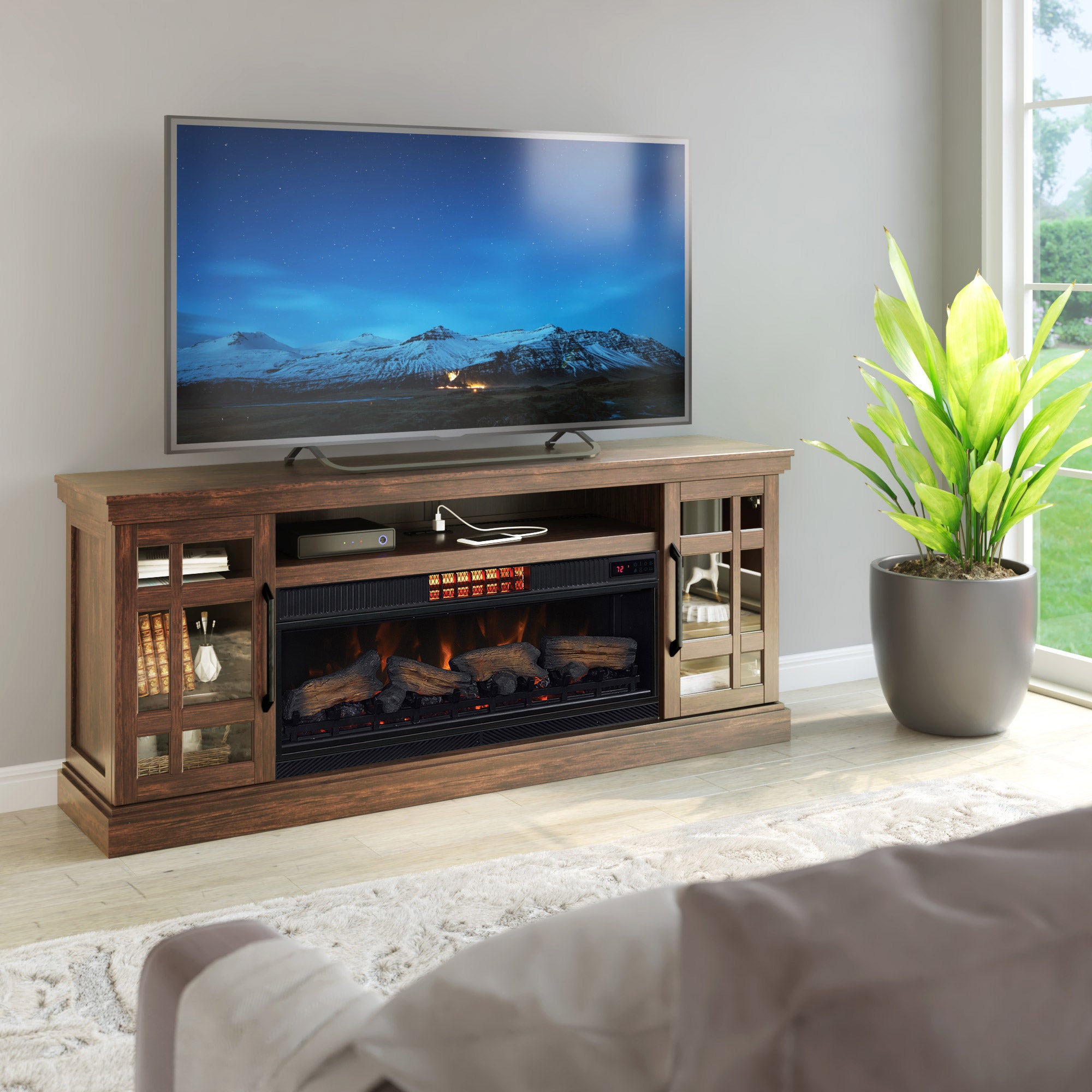 Tresanti Bennson TV Console with ClassicFlame CoolGlow 2-in-1 Electric Fireplace and Fan