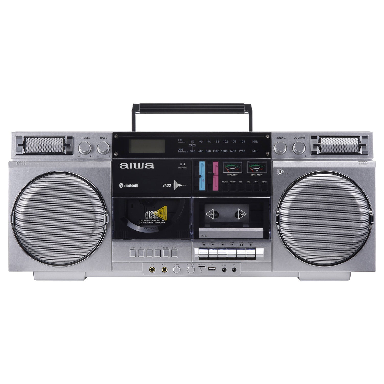 Aiwa Backtrack Retro Boombox with Bluetooth, Silver