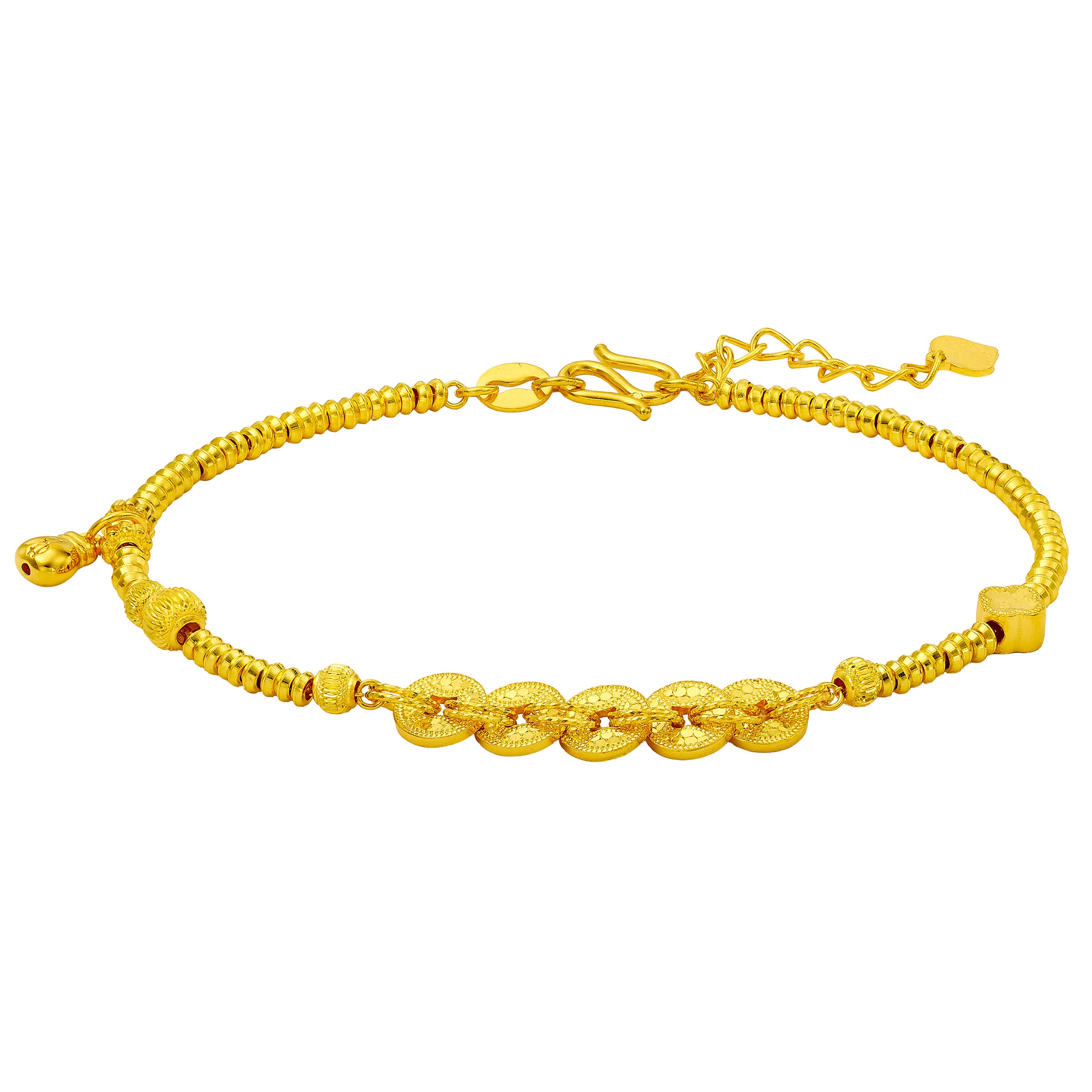 24kt Yellow Gold 5 Coin and Money Bag Charm Bracelet