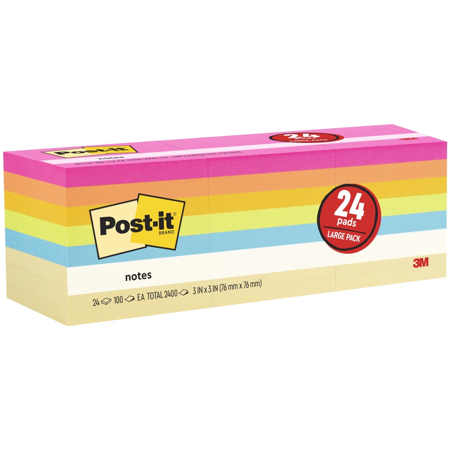 Post-it Notes, 3” x 3”, Assorted Bright Colors, 100 Sheets, 24 Pads