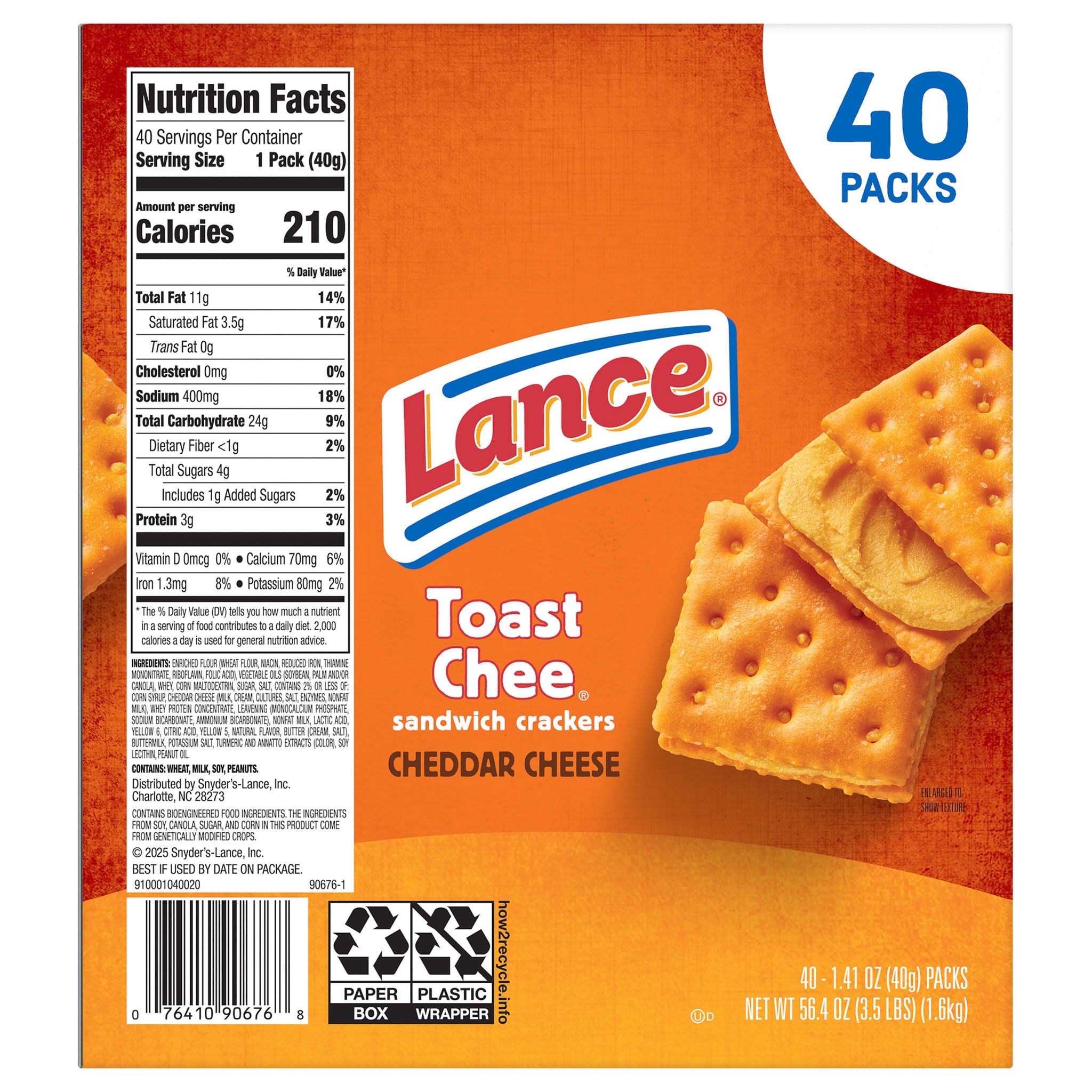 Lance Toast Chee Sandwich Crackers, Cheddar Cheese, 1.41 oz, 40-count