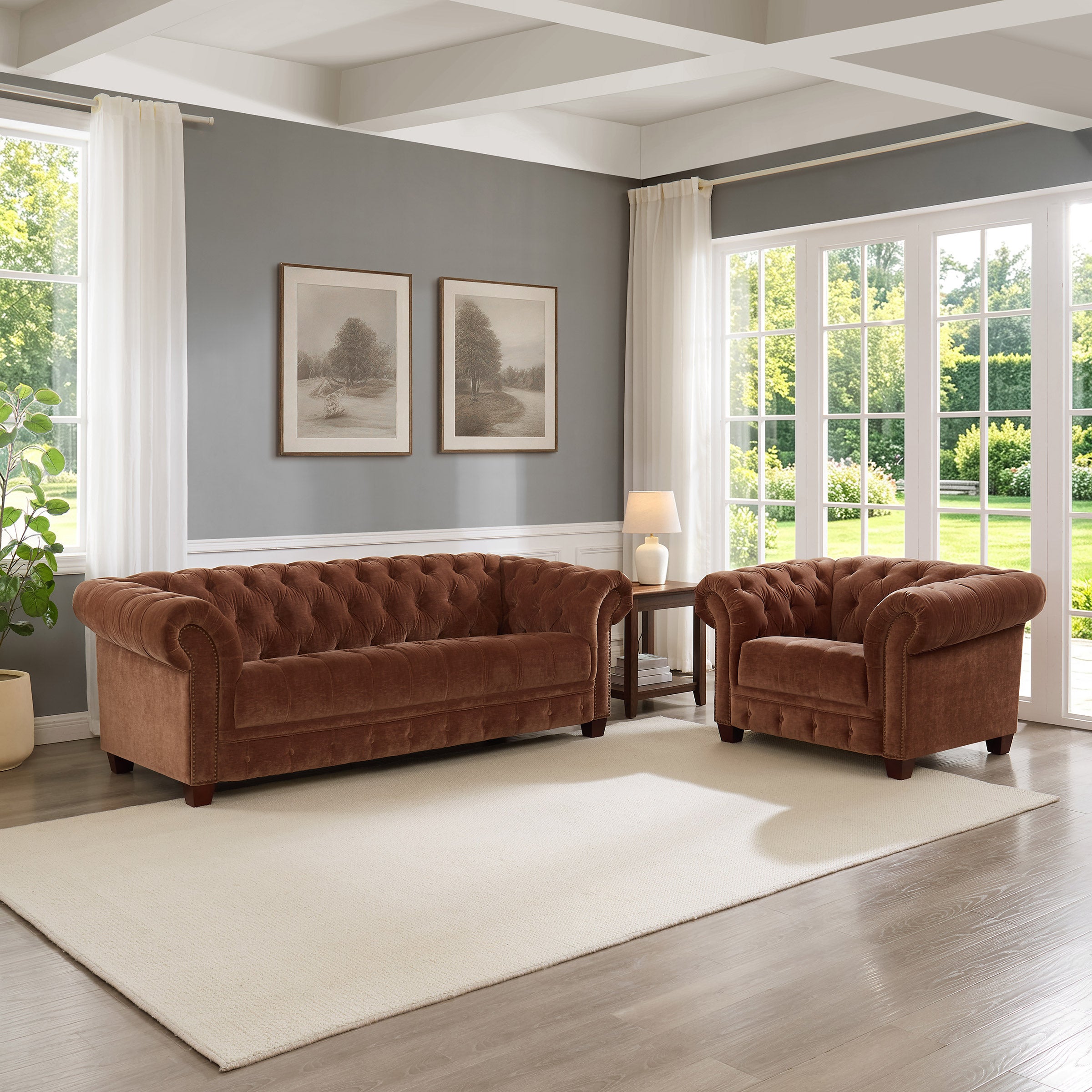 Abbie Fabric Chesterfield Sofa and Chair, Brown