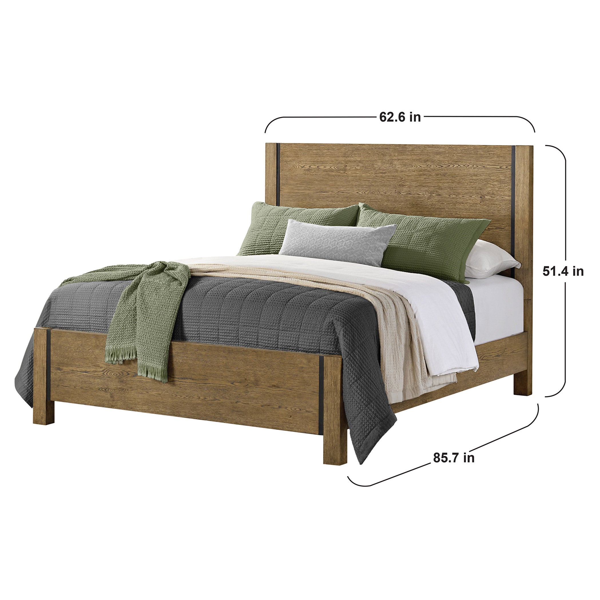Baylor Panel Bed Frame with Black Metal Accents, Rustic Oak Finish