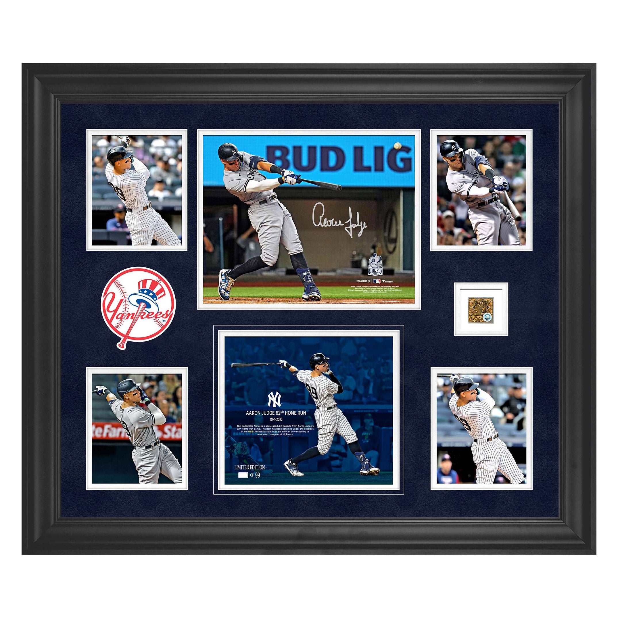 Aaron Judge Autographed Framed 62nd Home Run Collage with Capsule of Game-used Dirt from 62nd Home Run Game - Limited Edition of 99 - MLB Authenticated