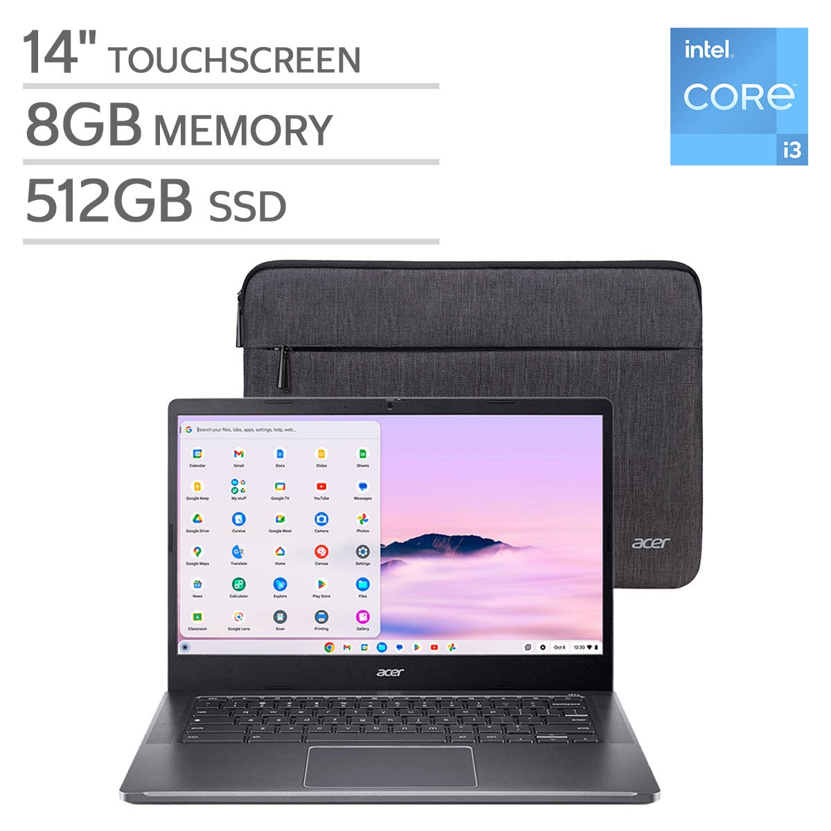 Acer Chromebook Plus 14" Touchscreen Laptop with Google AI - Intel Core i3-N305 - 1920 x 1080 - Chrome OS - 8GB RAM - 512GB SSD - Protective Sleeve Included.