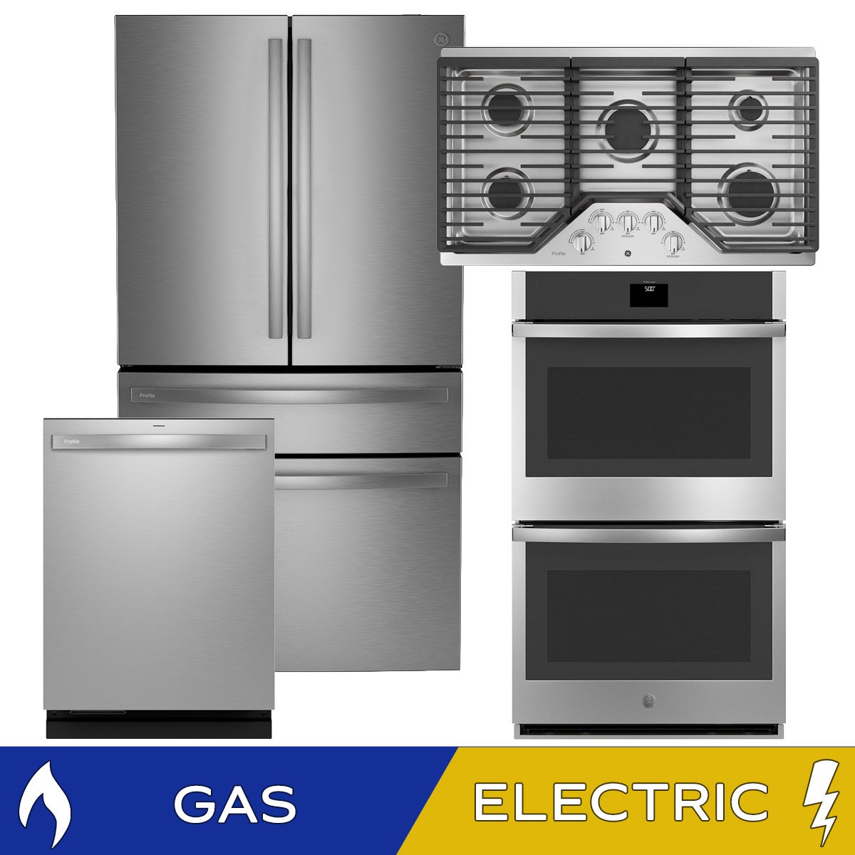 GE Profile 4-piece Gas Kitchen Package with 28.7 cu. ft. Standard Depth 4-Door French Door Refrigerator