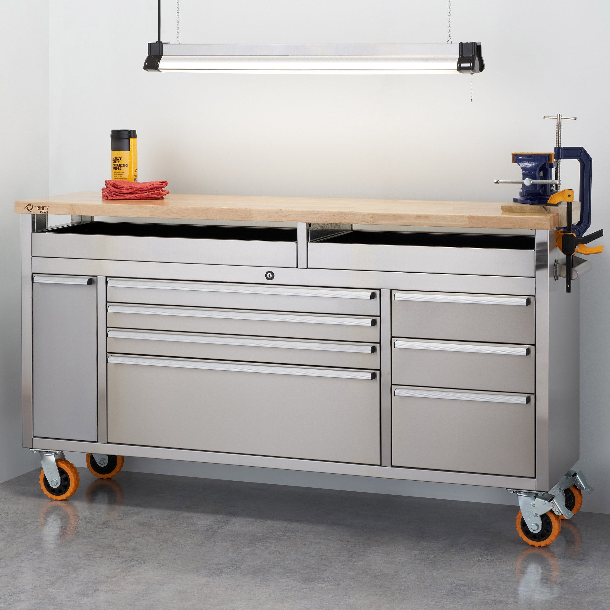 TRINITY 66" Stainless Steel Rolling Workbench with Clampable Raised Top