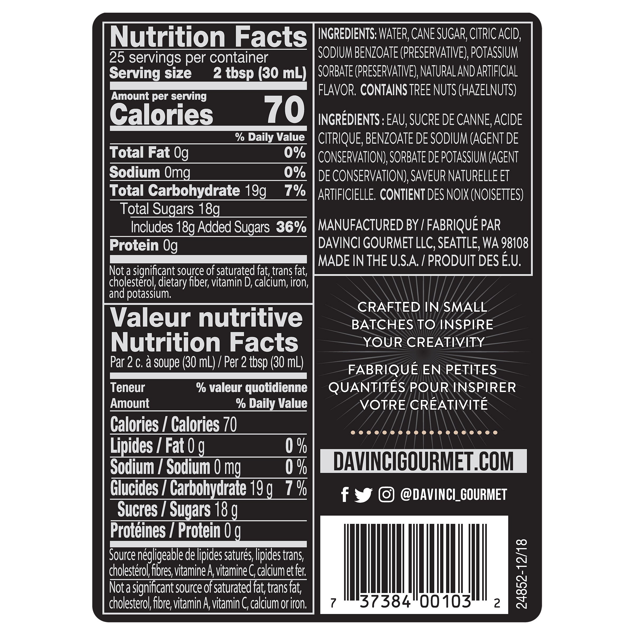 DaVinci Classic Syrup, Hazelnut, 25.4 oz