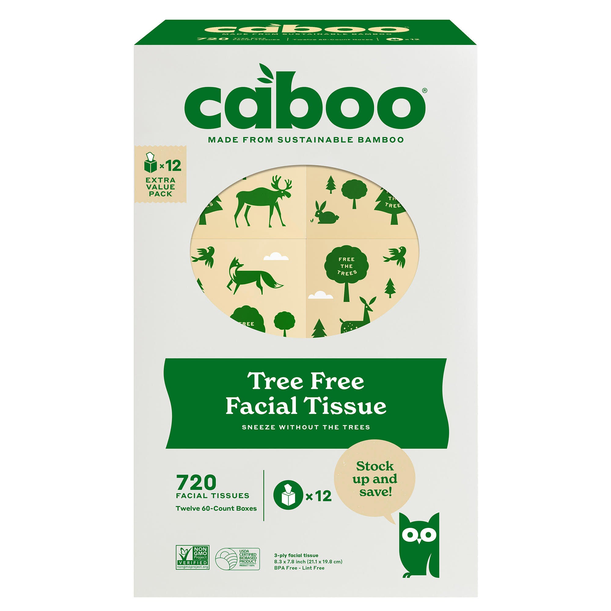 Caboo Bamboo Facial Tissue, 3-Ply, 60 Sheets, 12-count