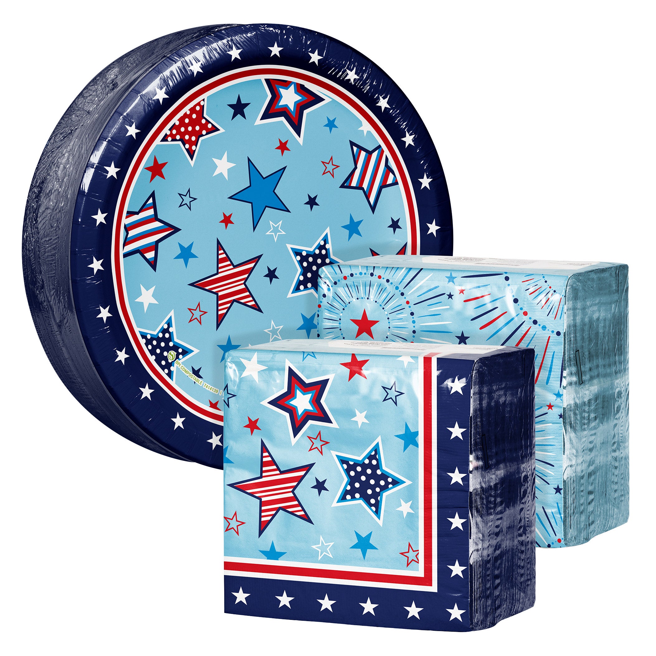 Artstyle Paper Plate & Napkin Bundle, Star Spangled Fireworks, 200-count