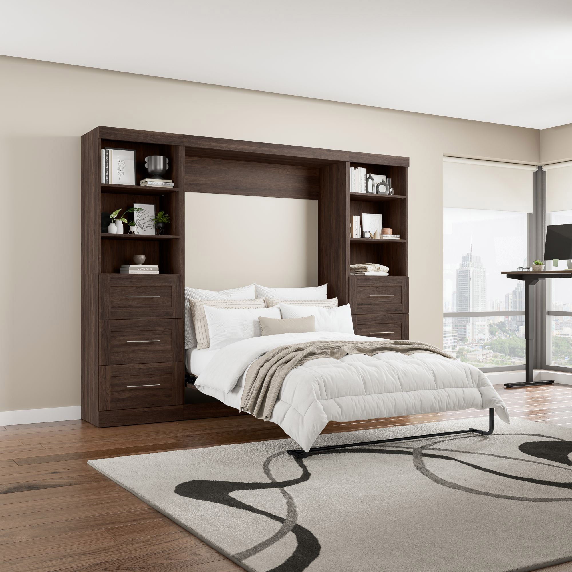 Boutique Full Wall Bed with Two Storage Units and Drawer