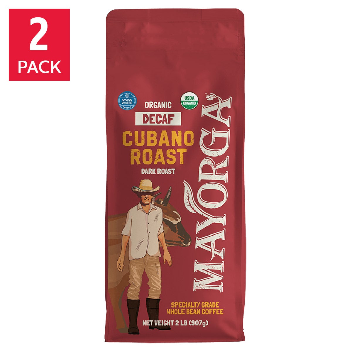 Mayorga Decaf Café Cubano Roast, USDA Organic, Dark Roast, Whole Bean Coffee, 2lb, 2-pack