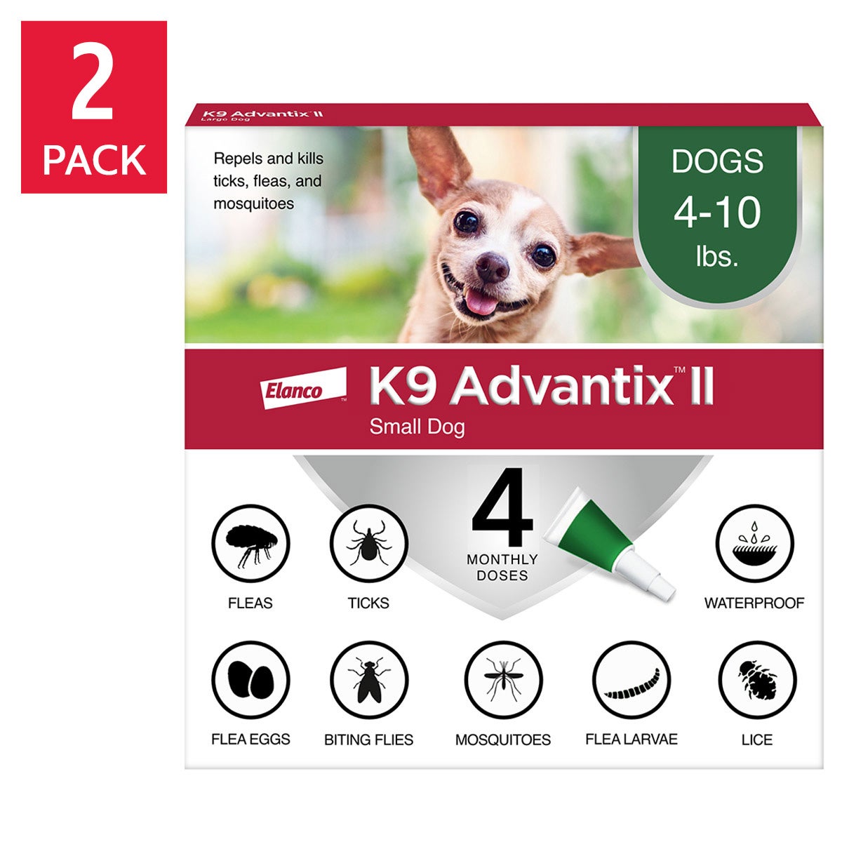 K9 Advantix II Flea and Tick Topical Treatment for Dogs 4-10 lbs, 4-doses, 2-count