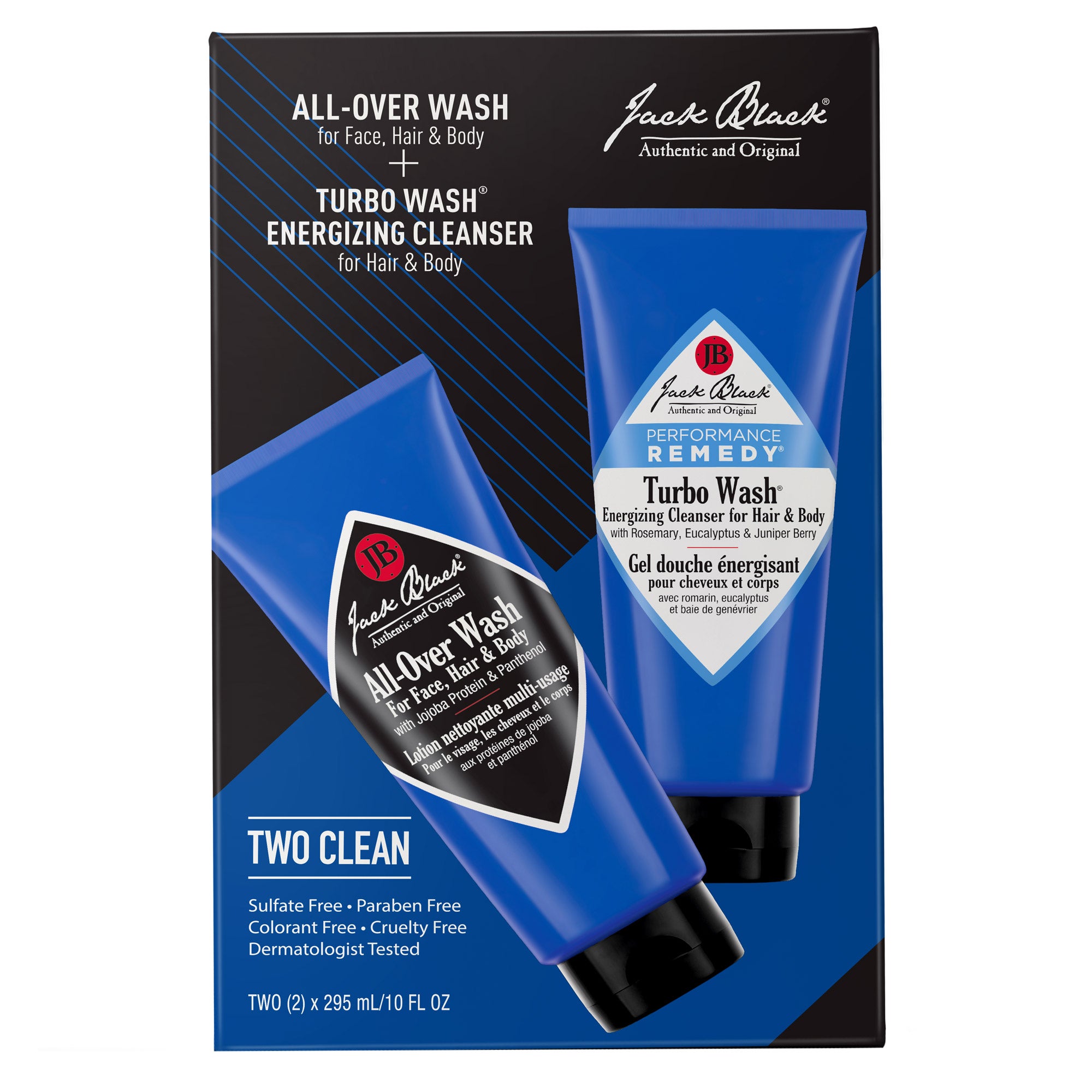 Jack Black Two Clean: 1 Turbo Wash, 10 oz, & 1 All Over Wash, 10 oz, Energizing Cleanser for Hair & Body