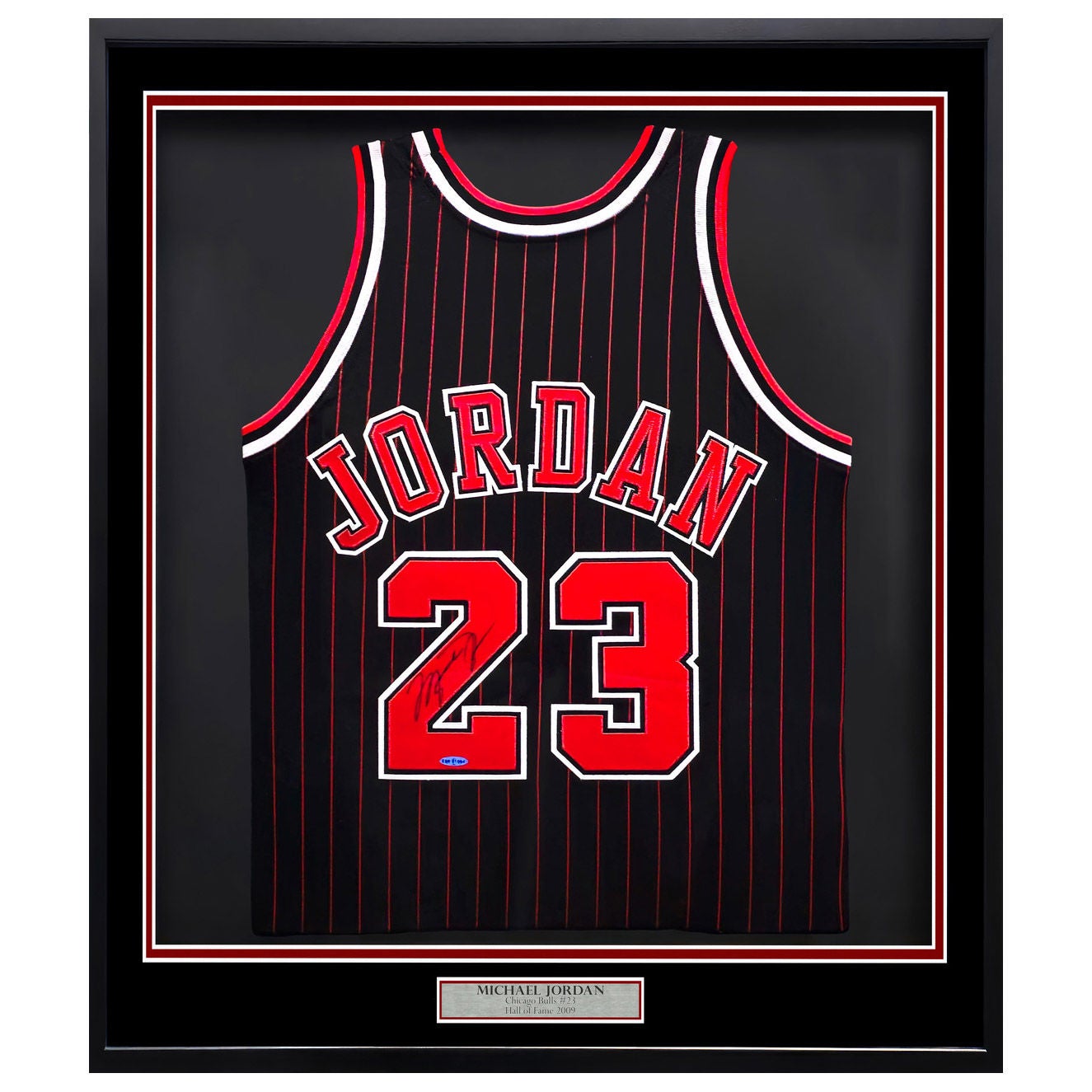 Michael Jordan Autographed Framed Black & Red Pinstripes 1995-96 Chicago Bulls Jersey - Upper Deck Authenticated