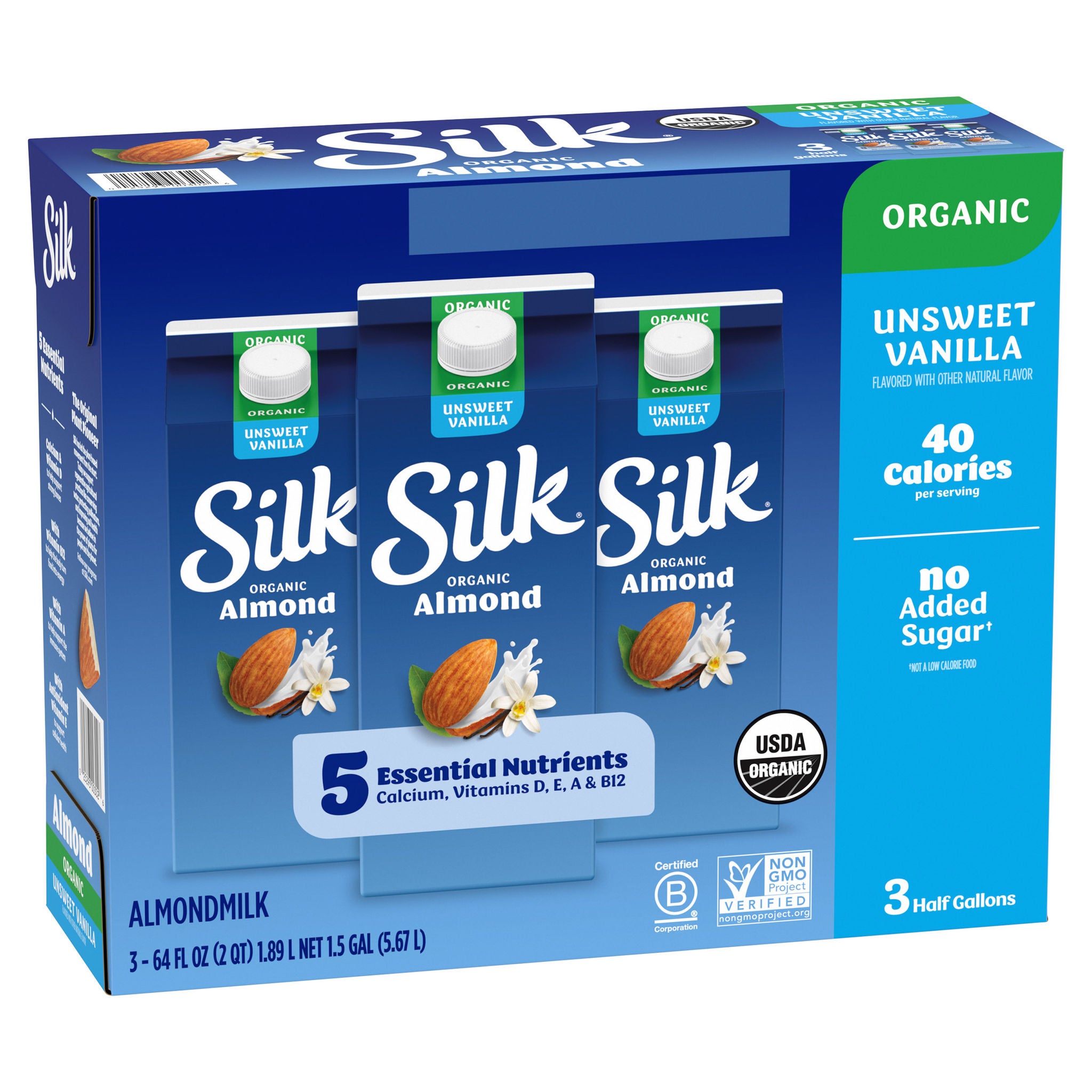 Silk Organic Unsweet Vanilla Almondmilk, 64 fl oz, 3-count