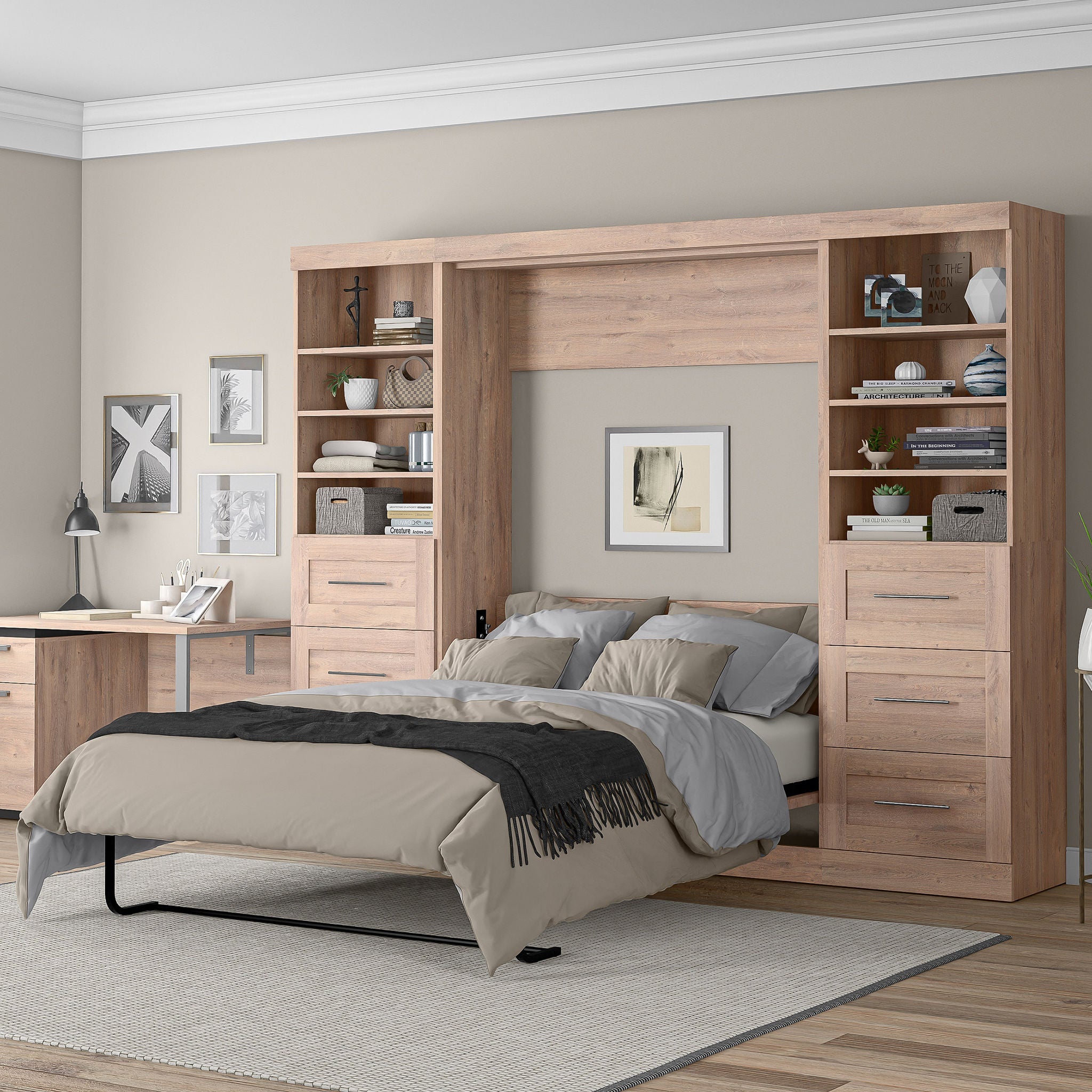 Boutique Full Murphy Bed and 2 Shelving Units with Drawers