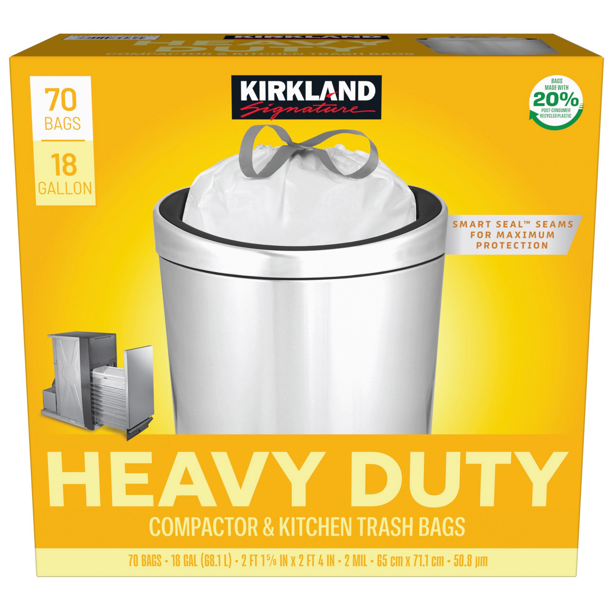 Kirkland Signature 18-Gallon Heavy Duty Compactor and Kitchen Trash Bag, 70-count