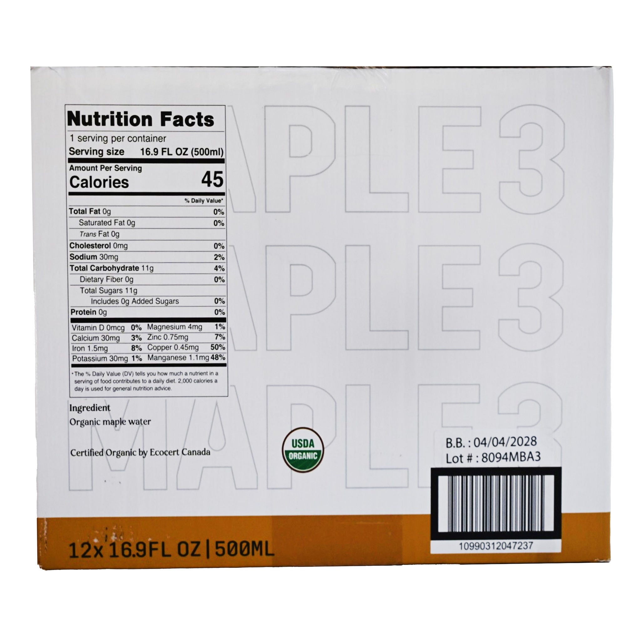 Maple 3 Pure Organic Maple Water, 16.9 fl oz, 12-count