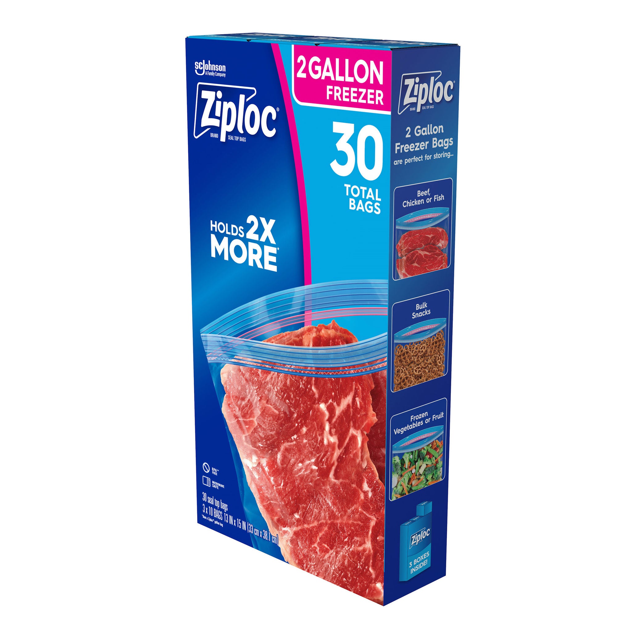 Ziploc Seal Top Freezer Bag, 2-Gallon, 10-count, 3-pack