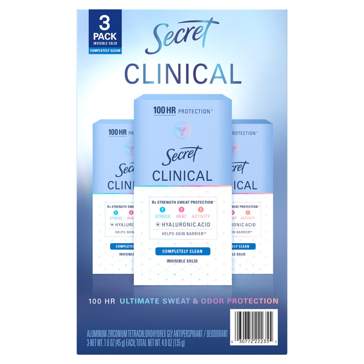 Secret Clinical Strength Invisible Solid Antiperspirant Deodorant, Completely Clean, 1.6 oz, 3-pack
