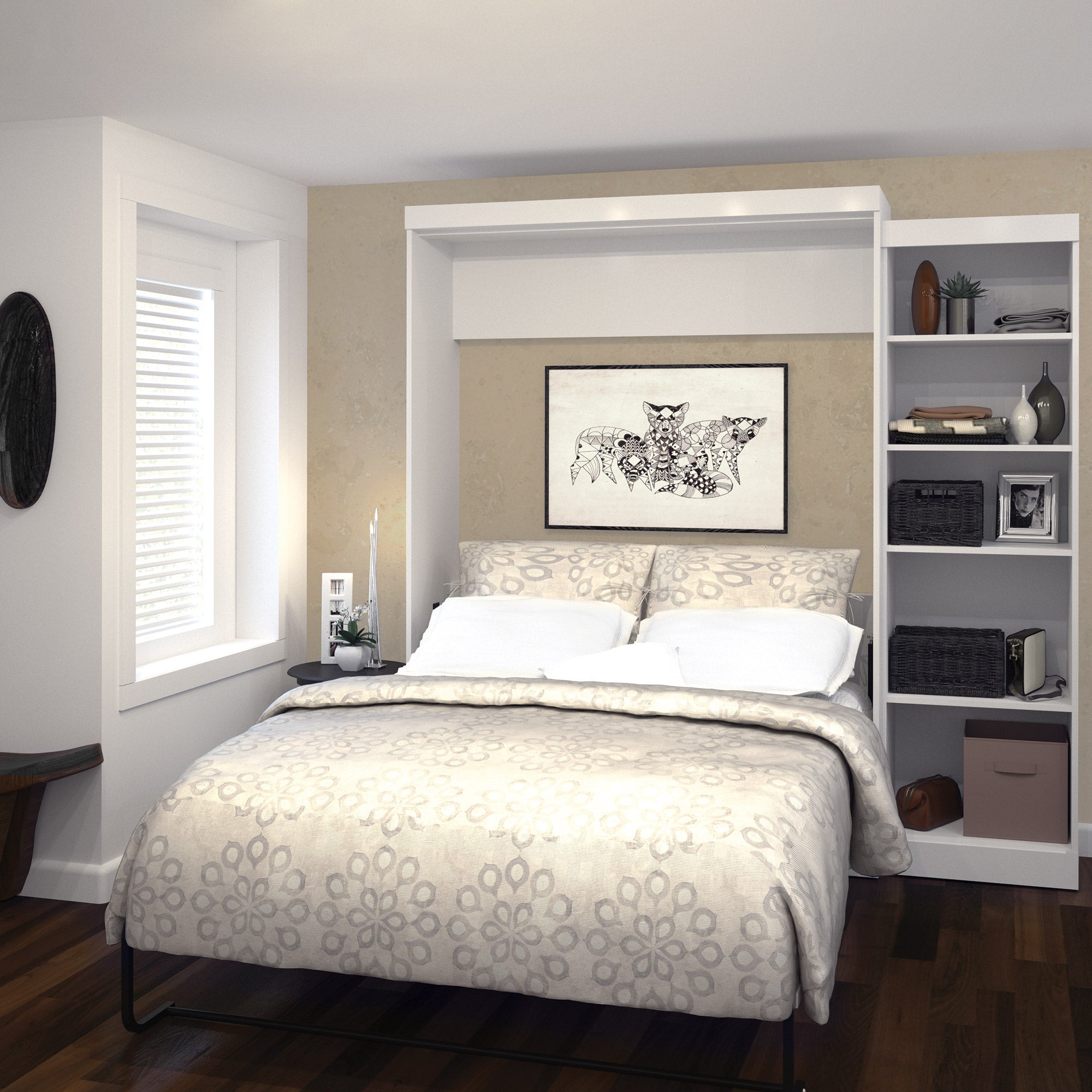 Boutique Queen Wall Bed with One 25" Open Storage Unit in White