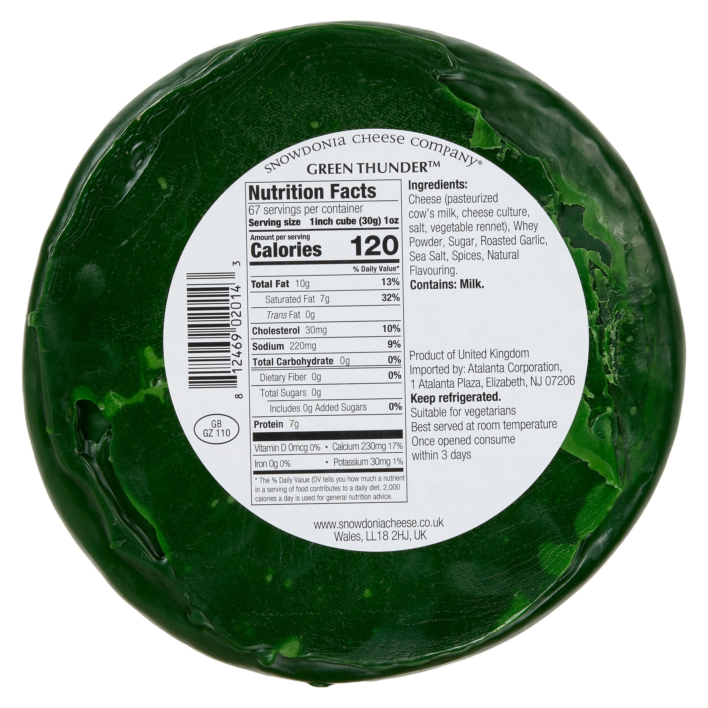 Snowdonia Green Thunder Cheddar Cheese, Full Wheel, Approximately 4.4 lbs.
