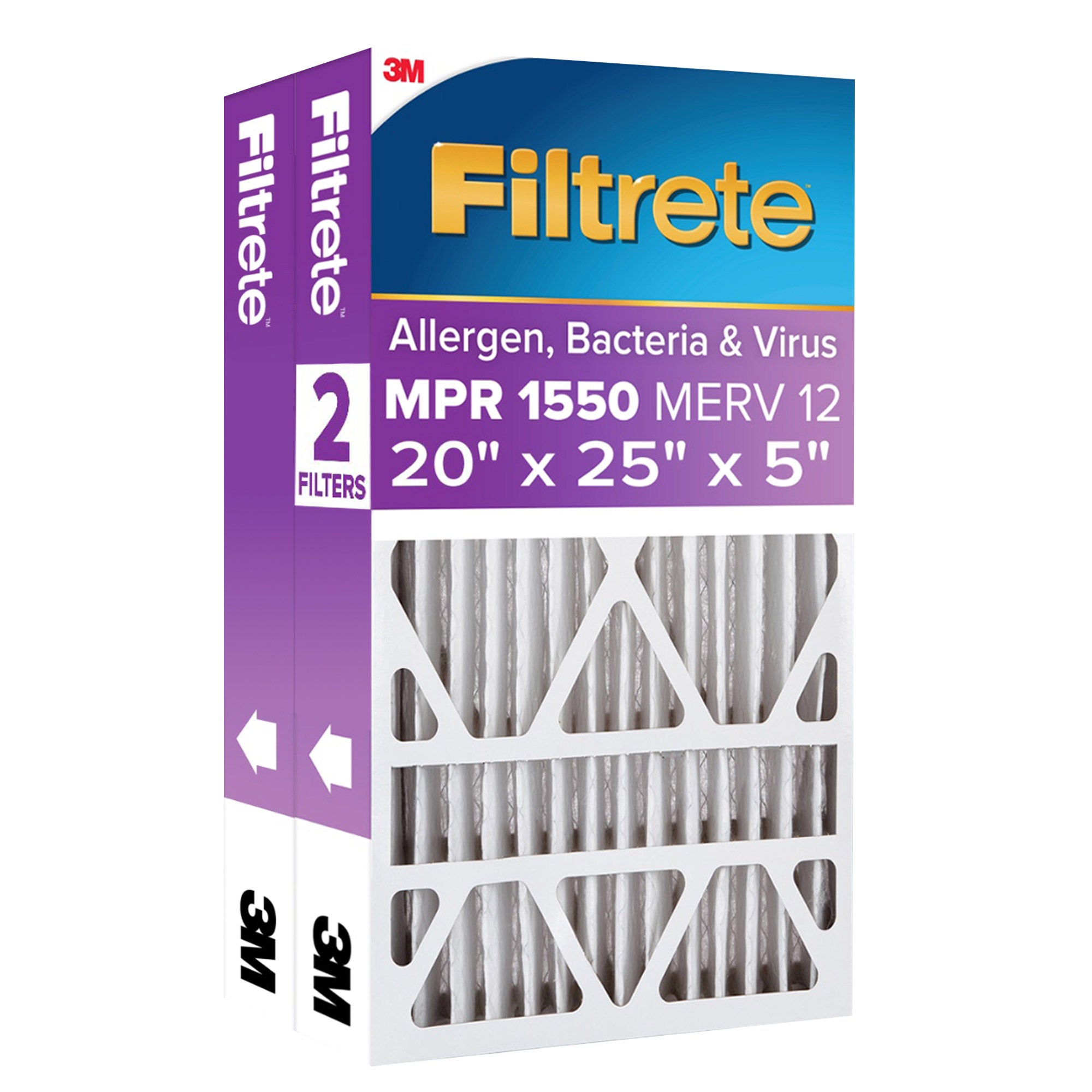 Filtrete Air Filter 5”, MPR 1550 MERV 12, Ultra Allergen, Bacteria, and Virus Deep Pleat Filter, 2-pack