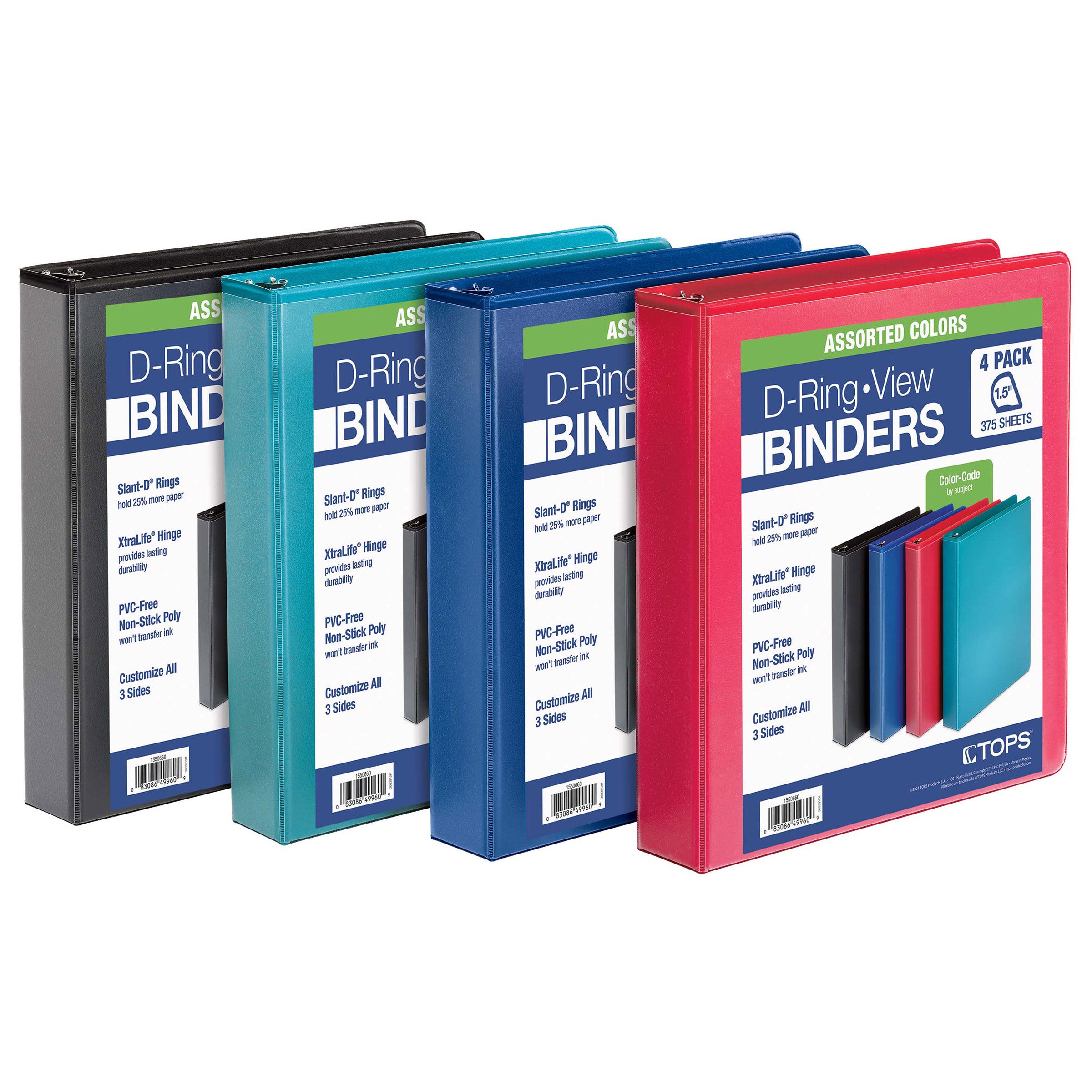 TOPS 1.5” D-Ring View Binders, 4-pack