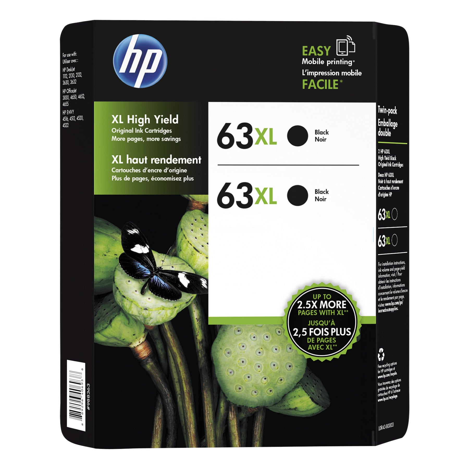 HP 63XL High Yield Ink Cartridge, Black, 2-Count