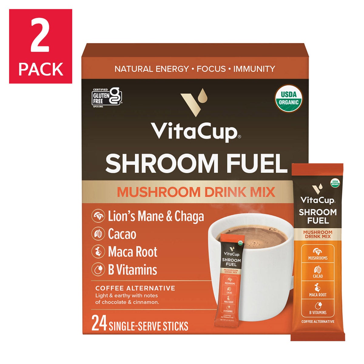 VitaCup Shroom Fuel Mushroom Based Coffee Alternative Packets, 2-pack, Total 48 Counts