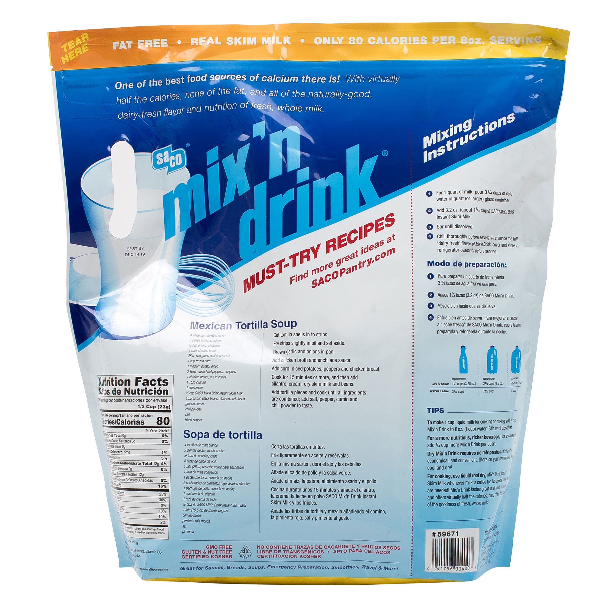 Saco Mix'n Drink Instant Skim Milk, 8 lbs